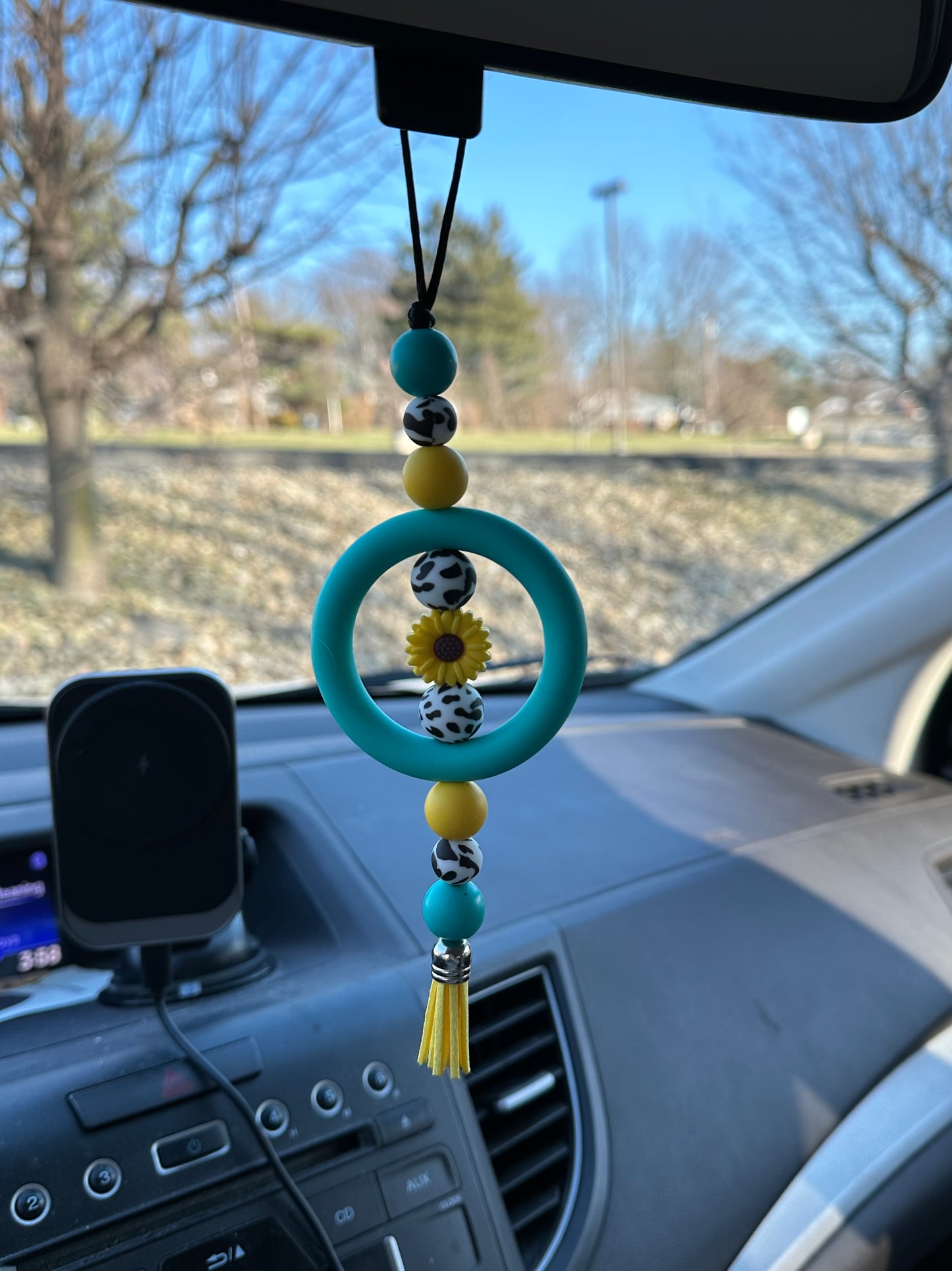 Sunflower And Cow Print Silicone Beaded Car Charm