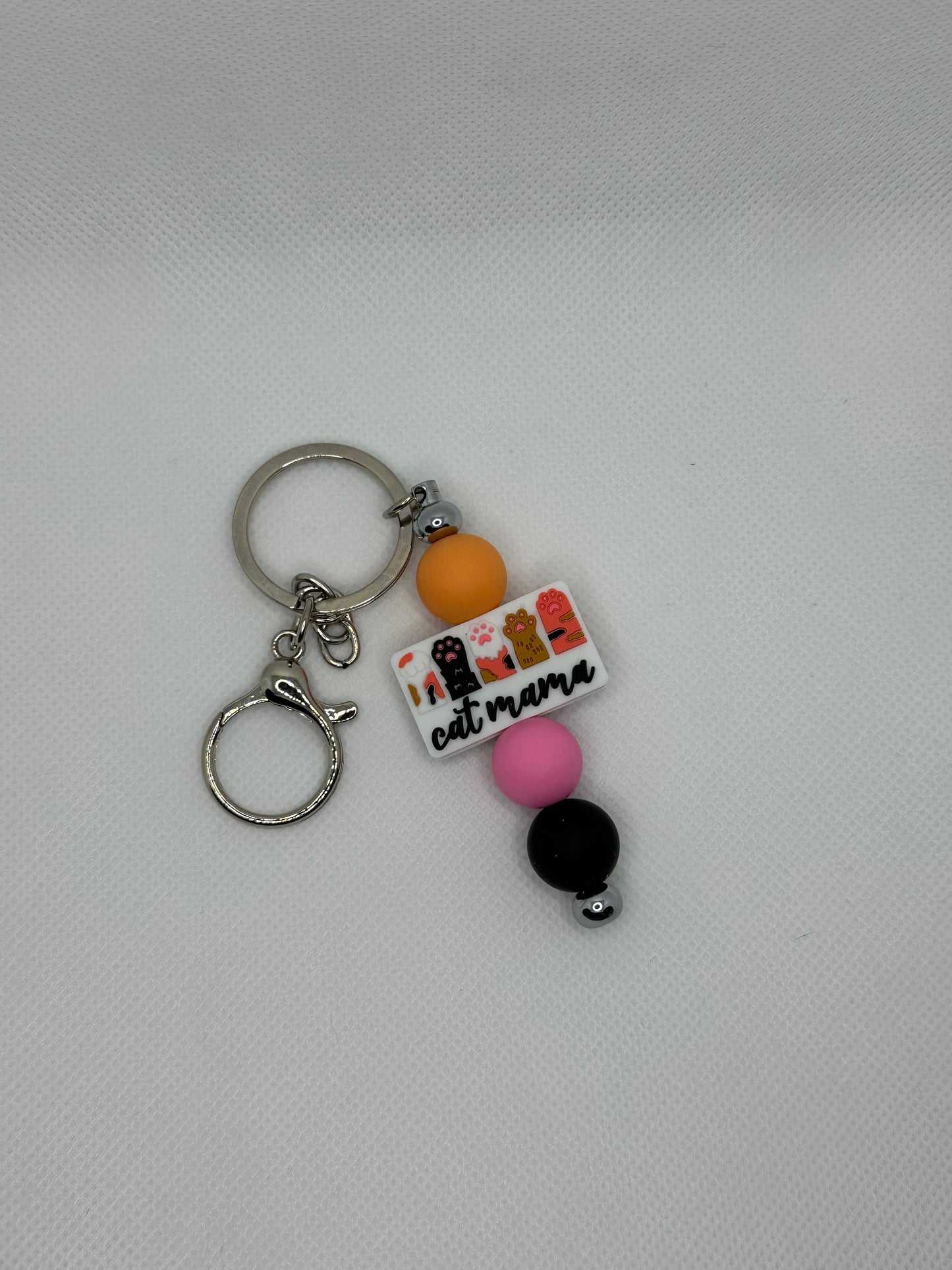 Cat Mama Cat Paws Silicone Bead Silver Metal Keychain