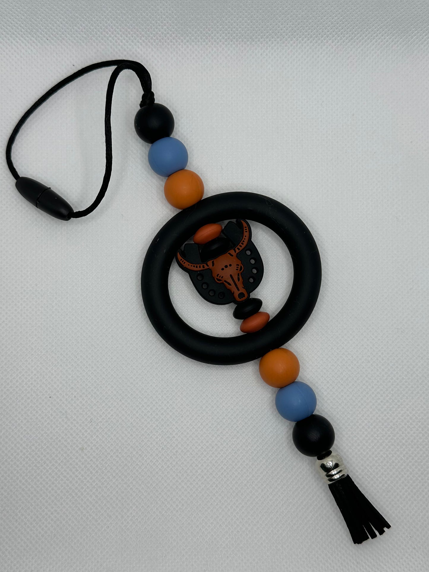 Black Horseshoe Bull Skull Silicone Beaded Car Charm