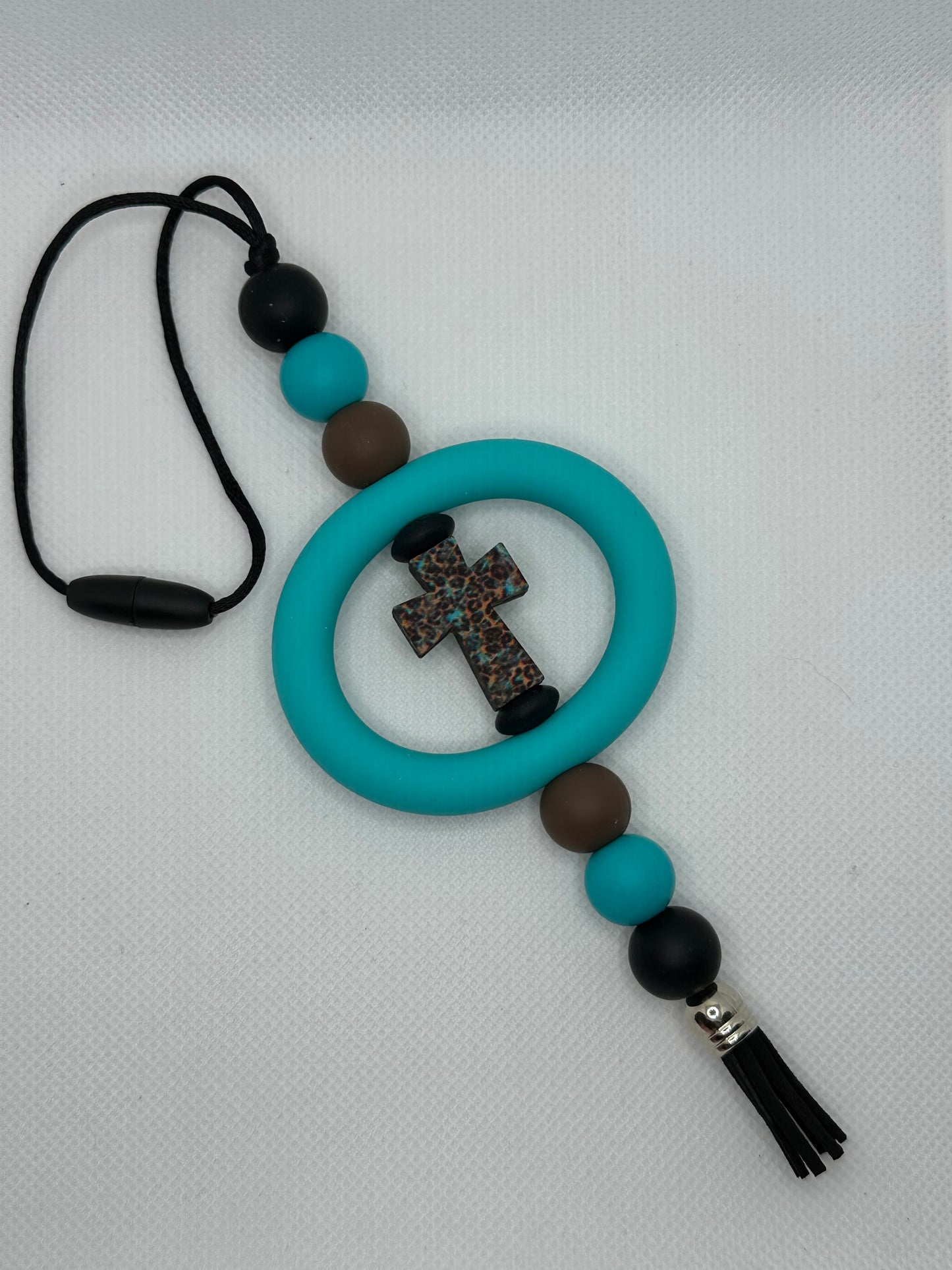 Leopard And Turquoise Cross Silicone Beaded Car Charm