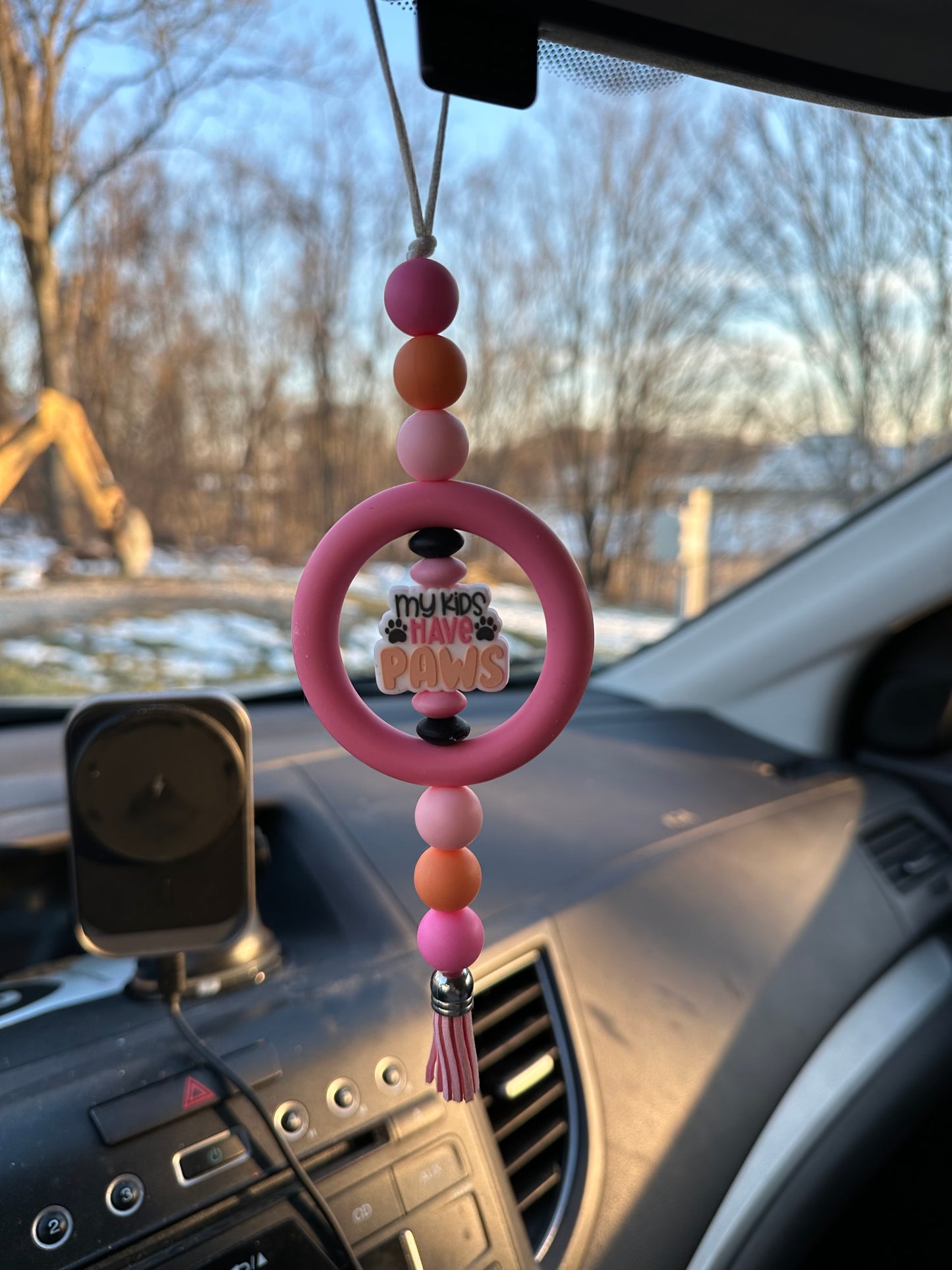 My Kids Have Paws Pink Ring Silicone Beaded Car Charm