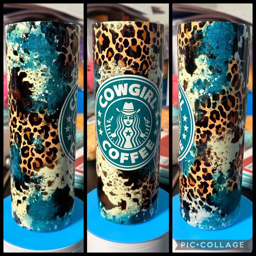 Cowgirl Coffee Leopard And Cowhide 20oz Glossy Sublimation Tumbler