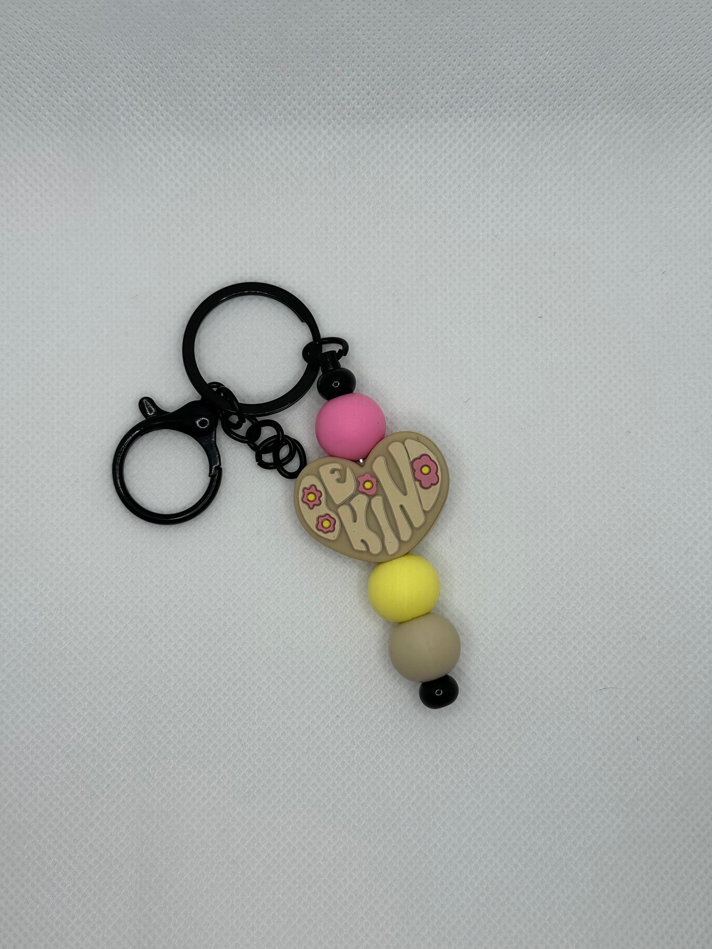 Light Brown Be Kind Heart Silicone Beaded Black Metal Keychain