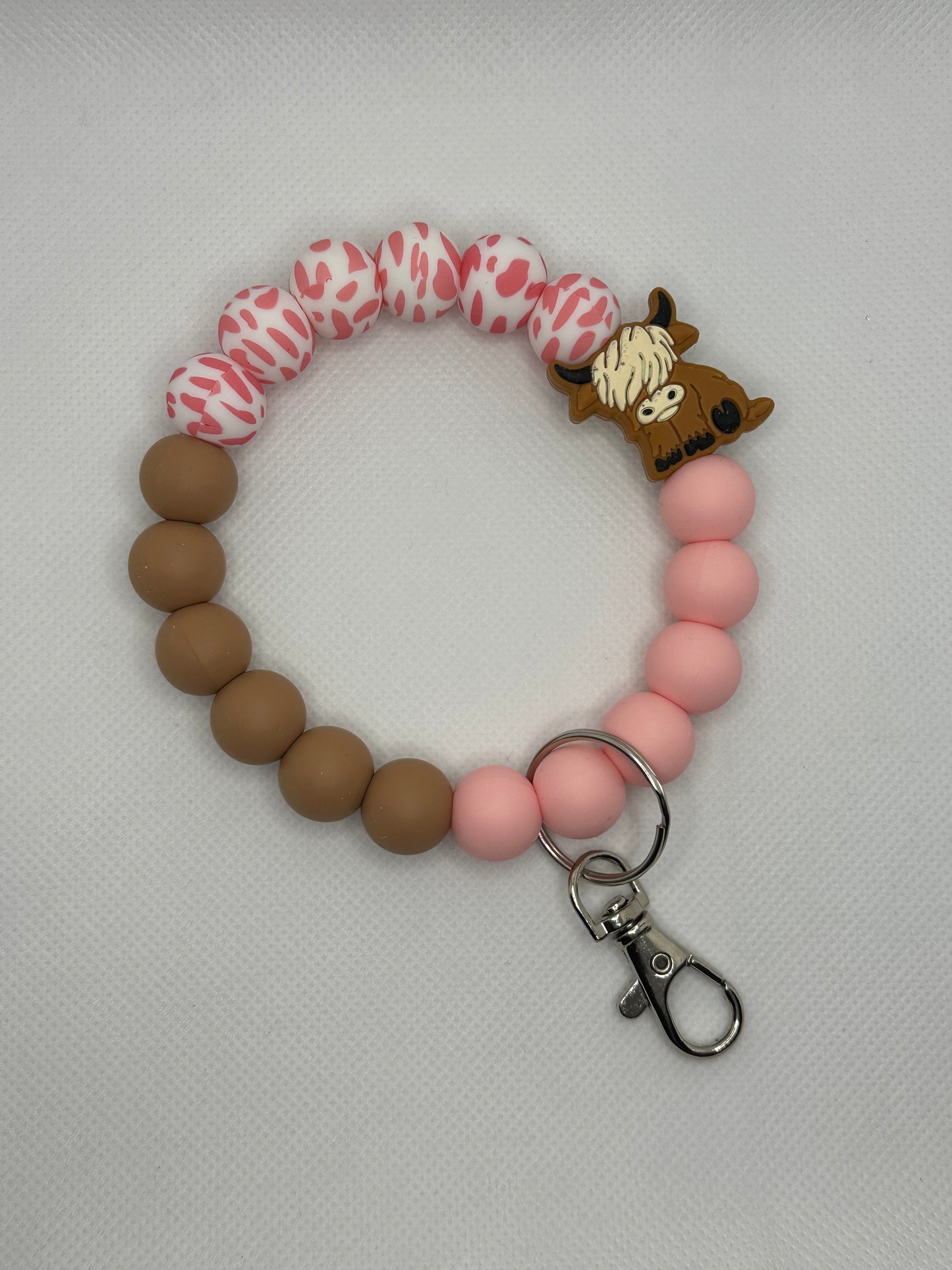 Pink Cowprint And Brown Highland Cow Oversized Silicone Bead Wristlet