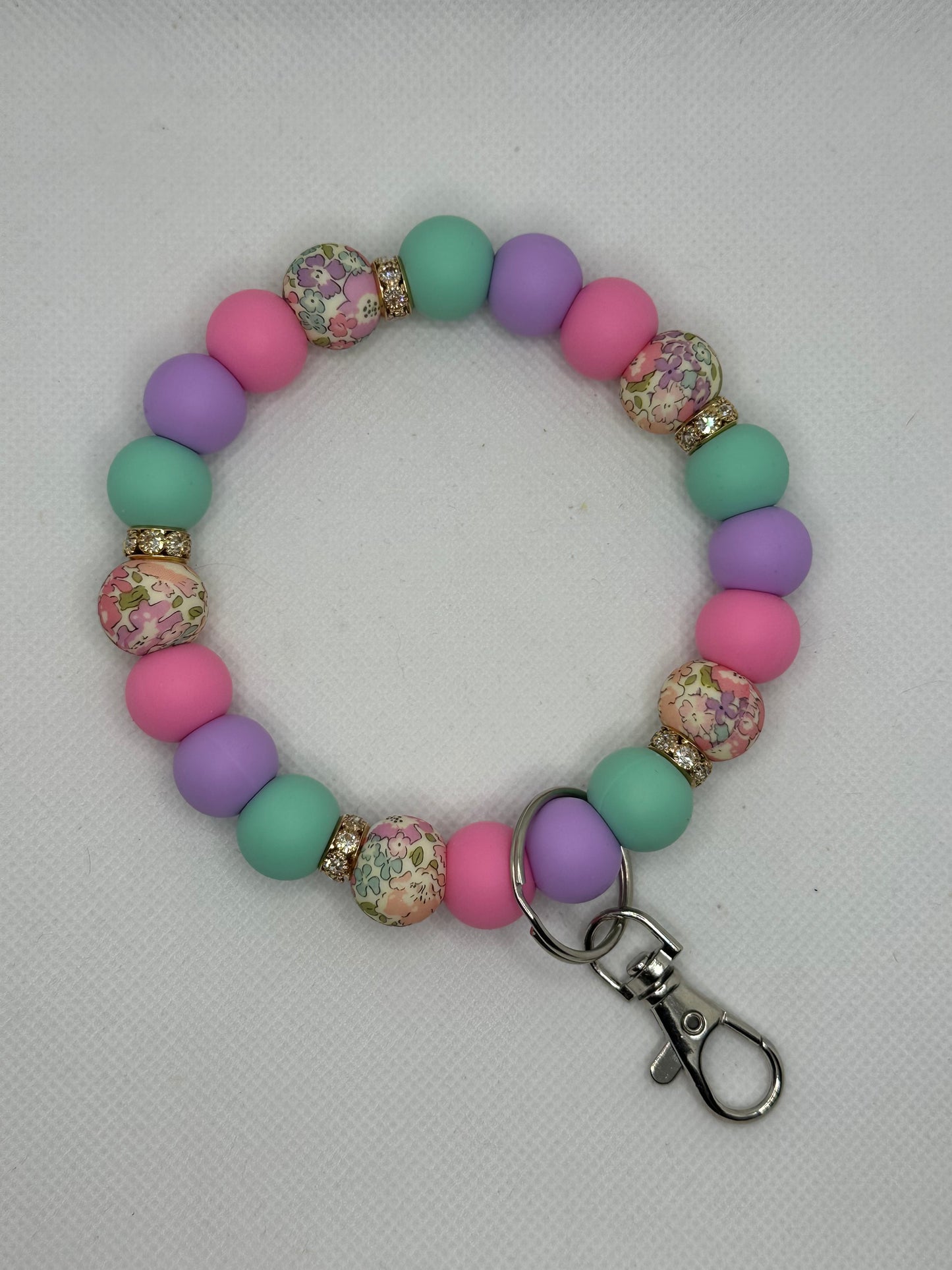 Watercolor Flowers And Mint Bling Oversized Silicone Bead Wristlet