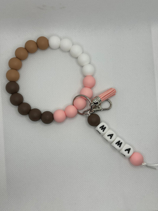 Mama Pink And Browns Oversized Silicone Bead Wristlet And Keychain