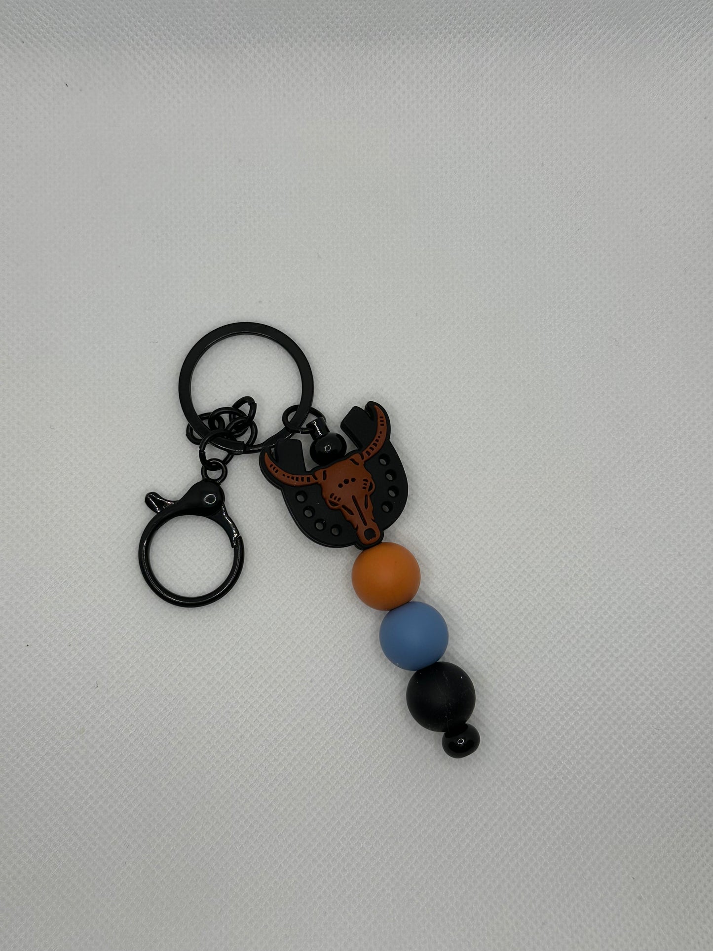 Black Horseshoe Bull Skull Black Metal Keychain