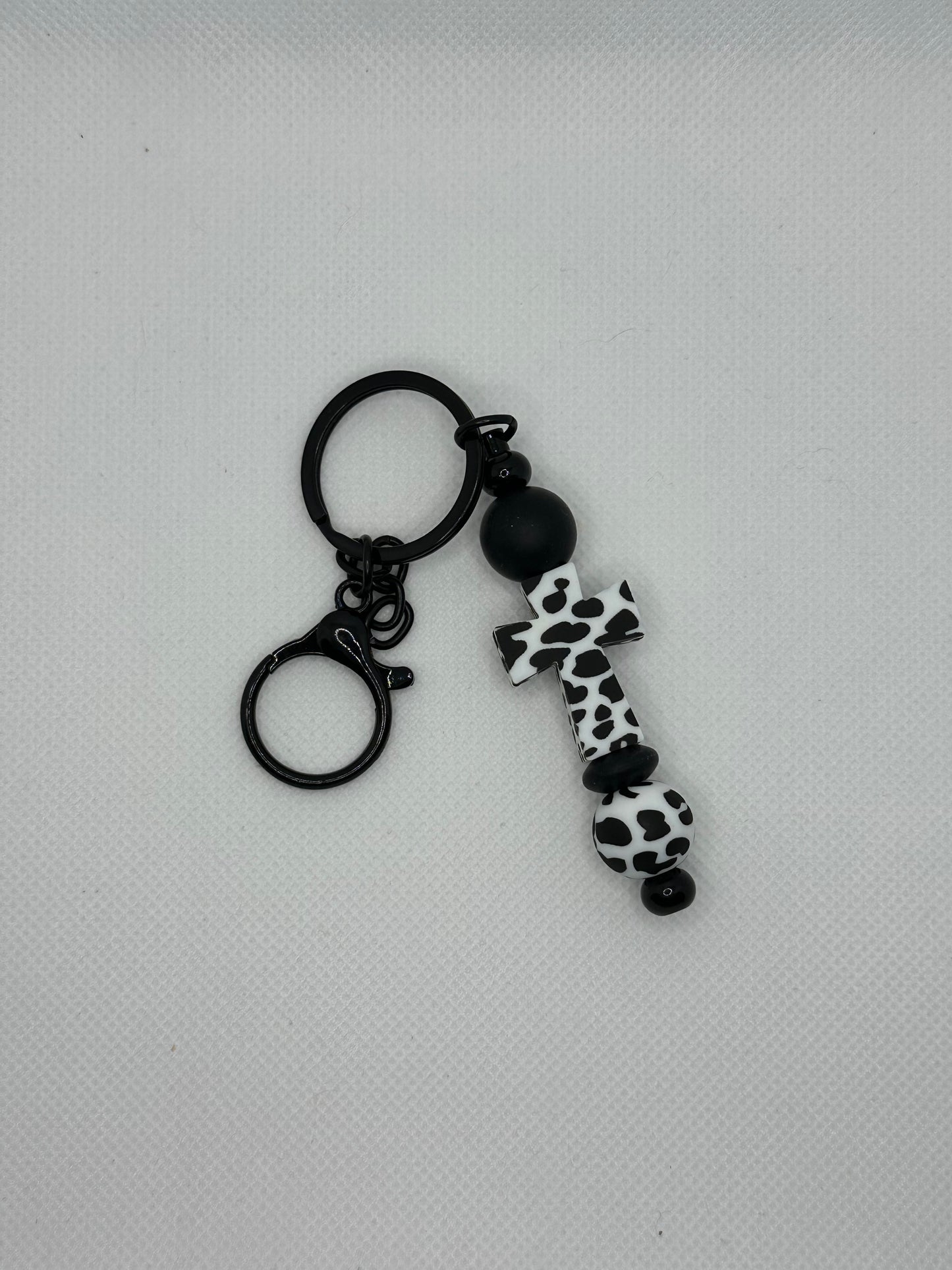 Cow Print Cross Black Metal Keychain