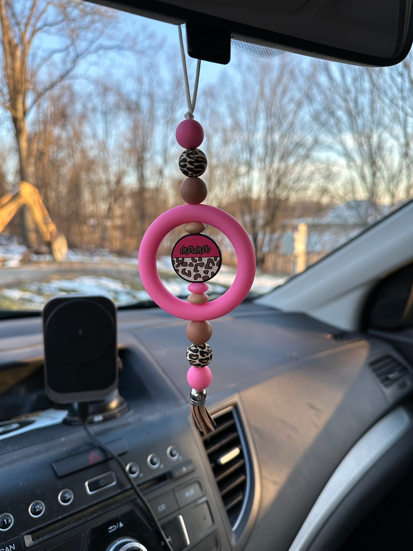 Pink Mama Leopard Print Silicone Beaded Car Charm
