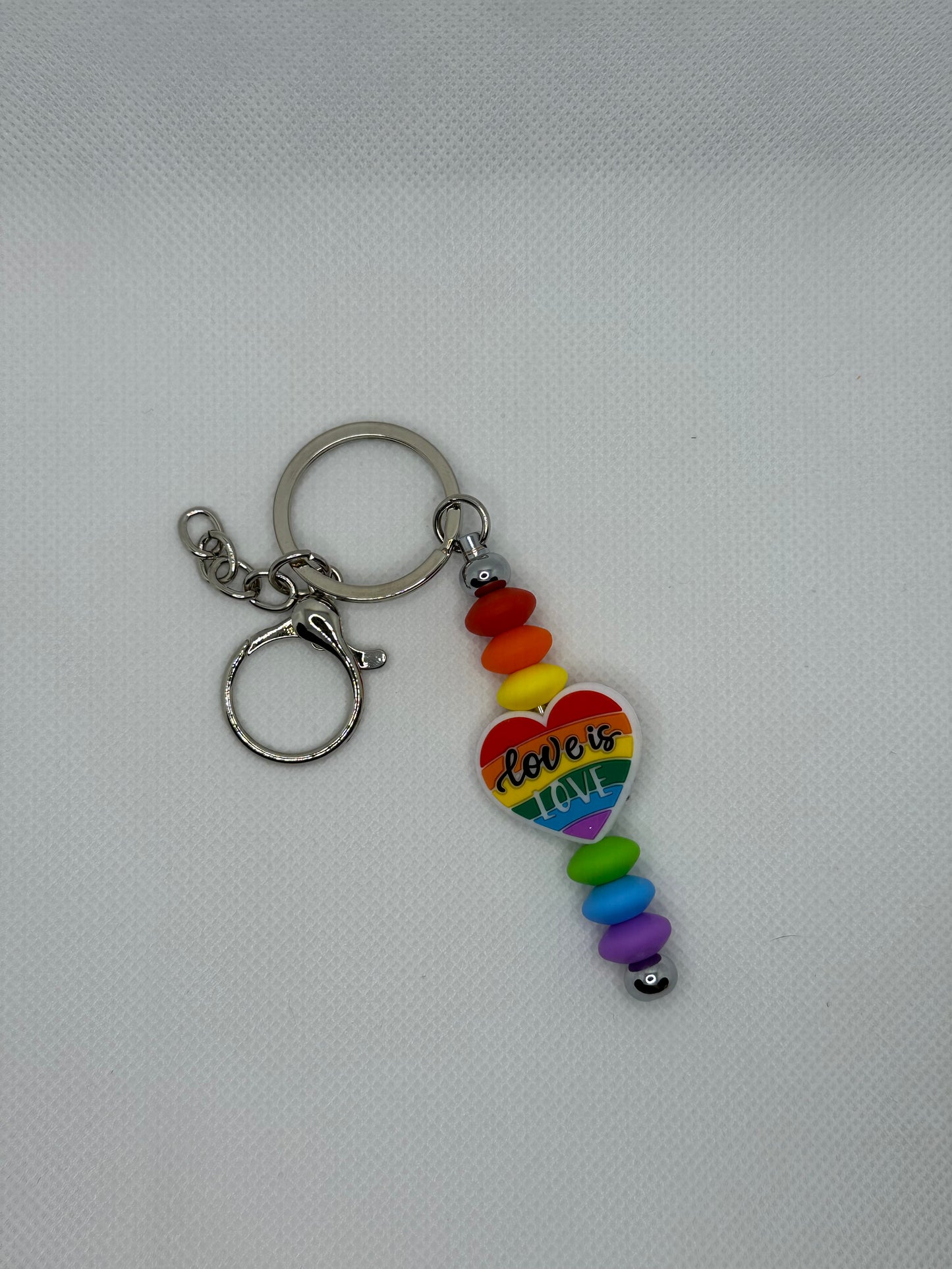 Rainbow Love Is Love Heart Silicone Beaded Silver Metal Keychain