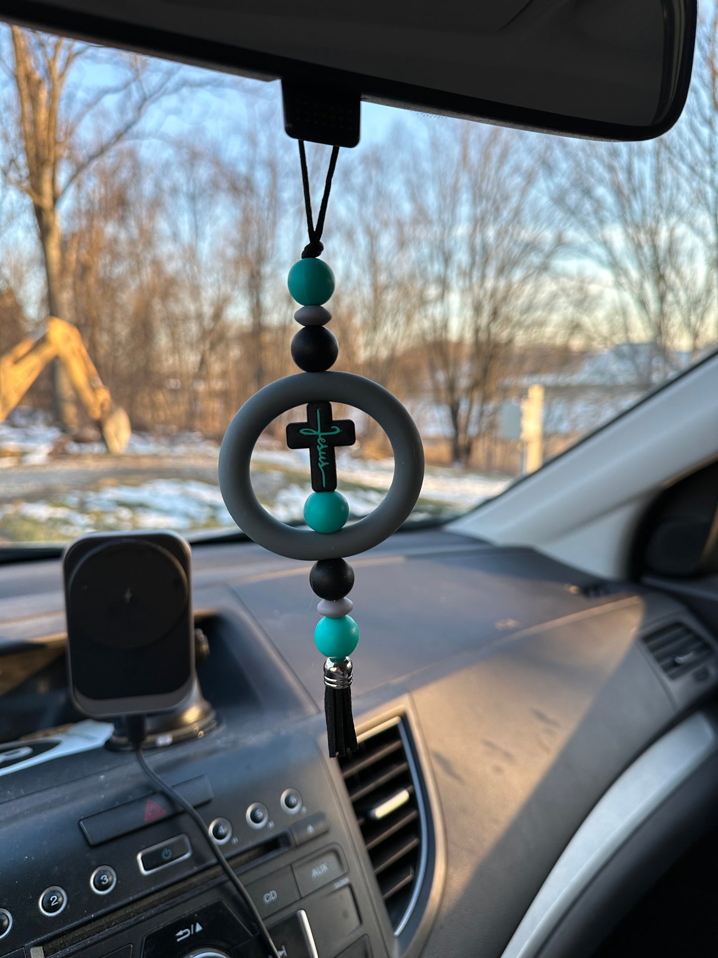 Black And Teal Cross Jesus Silicone Beaded Car Charm