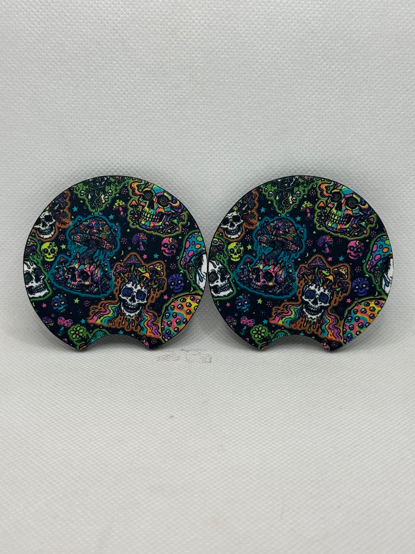 Trippy Skulls And Mushrooms Car Coasters