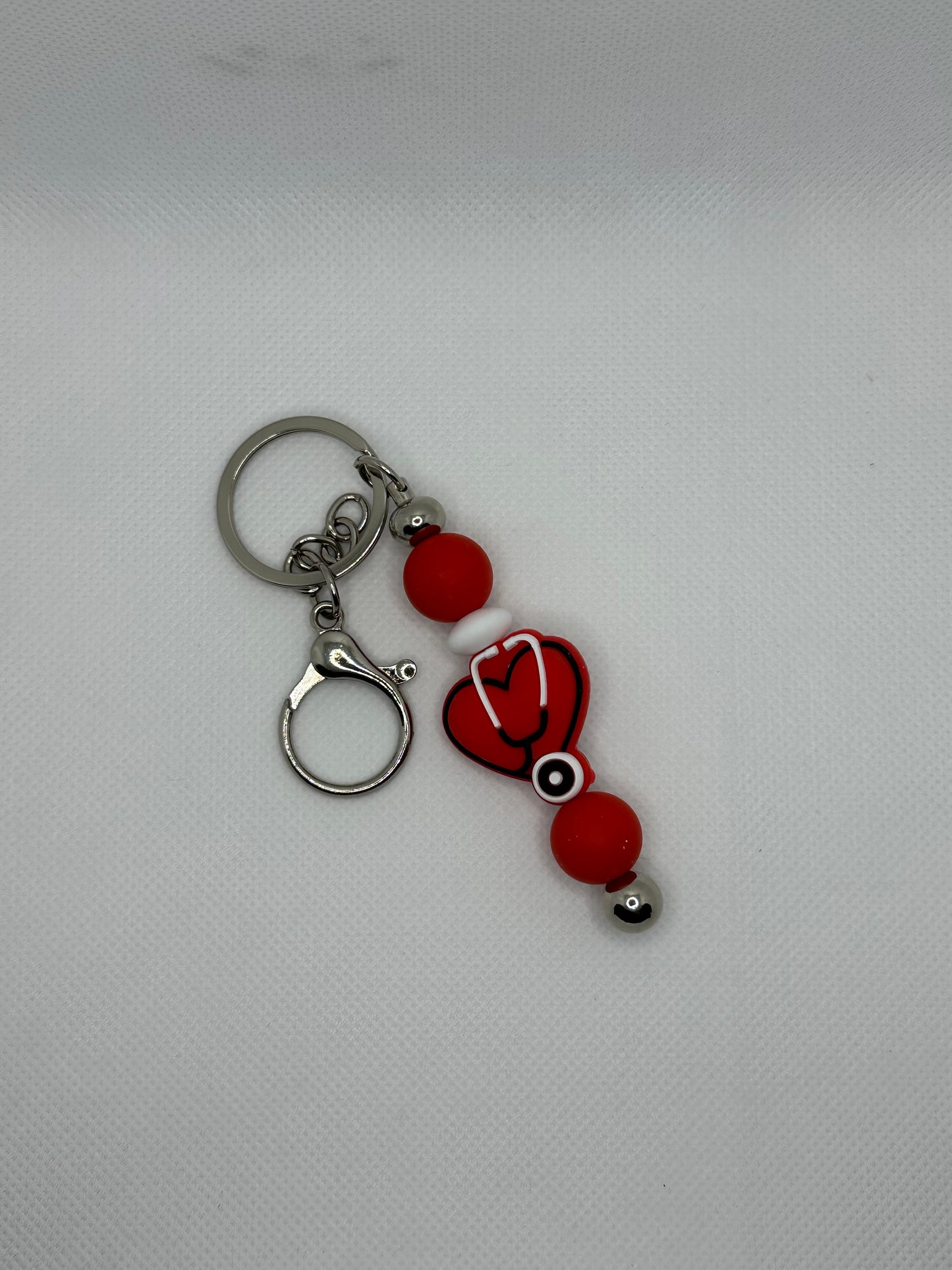 Red Heart Stethoscope Nurse Silicone Bead Silver Metal Keychain