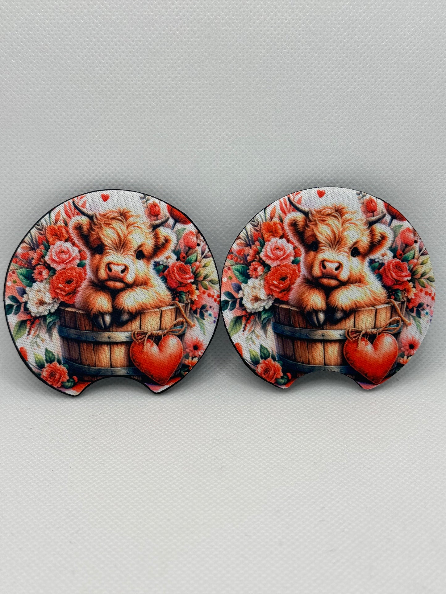 Highland Cow And Flowers And Hearts Valentine’s Day Farm Rustic Car Coasters