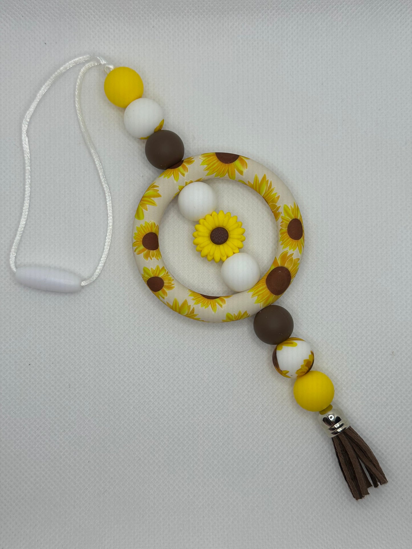 White Sunflower Patterned Silicone Beaded Car Charm
