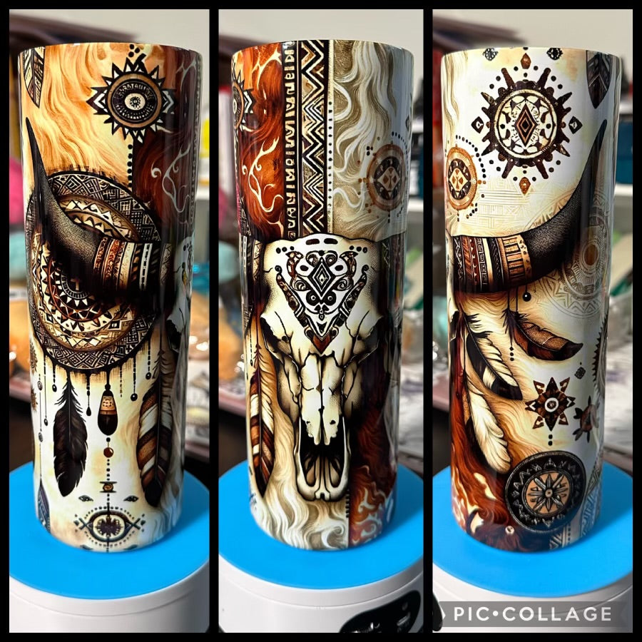 Aztec Western Bull Skull 20oz Glossy Sublimation Tumbler