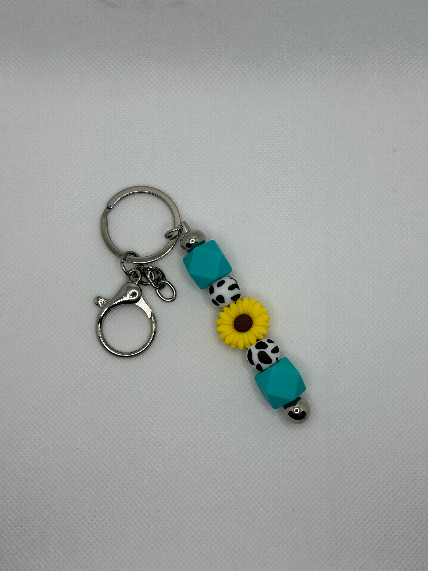 Sunflower Cow Print Silver Metal Keychain