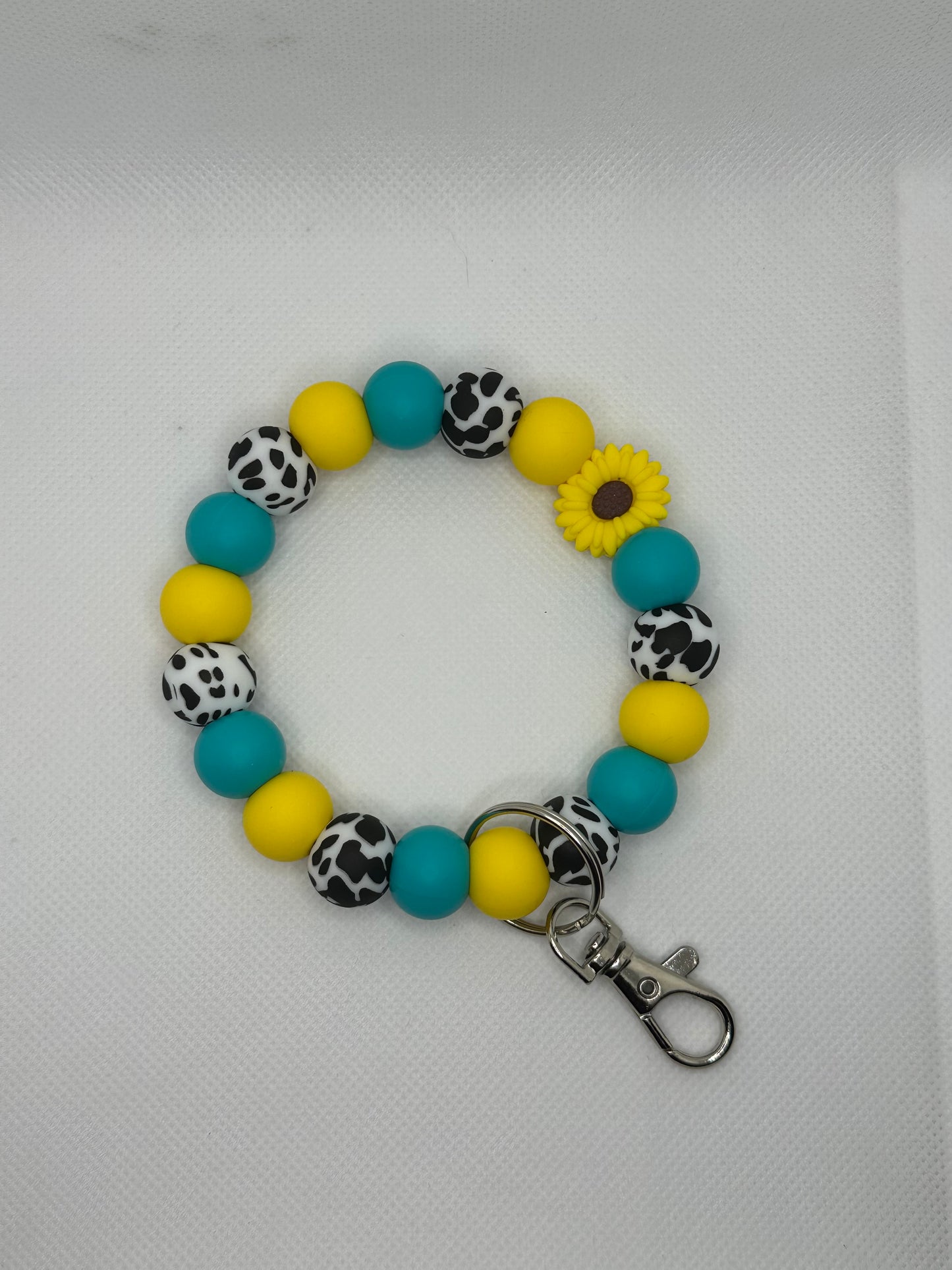 Cow Print And Teal Yellow Sunflower Oversized Silicone Bead Wristlet