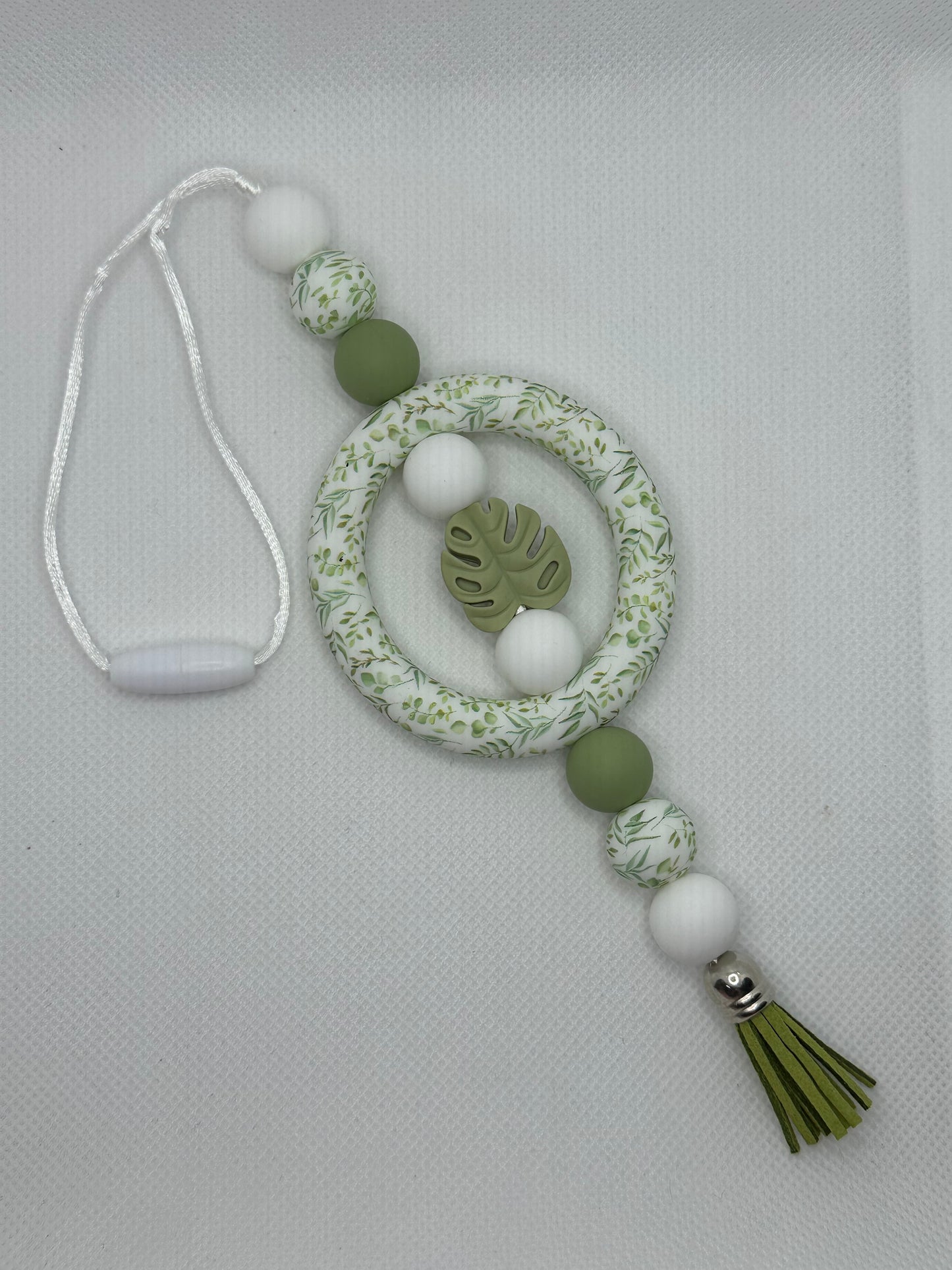 Monstera Leaf Sage Green Silicone Beaded Car Charm