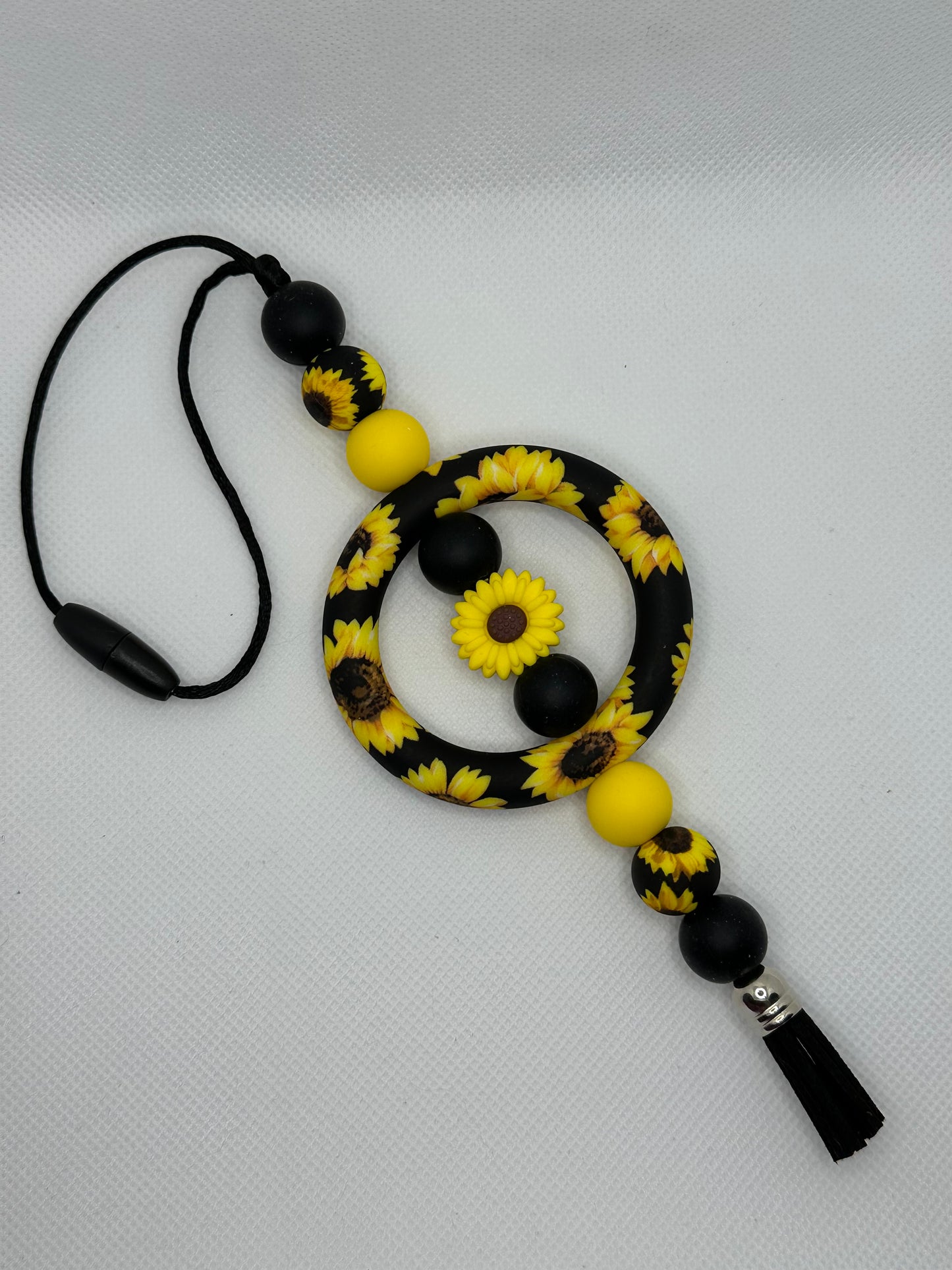 Black Sunflower Patterned Silicone Beaded Car Charm