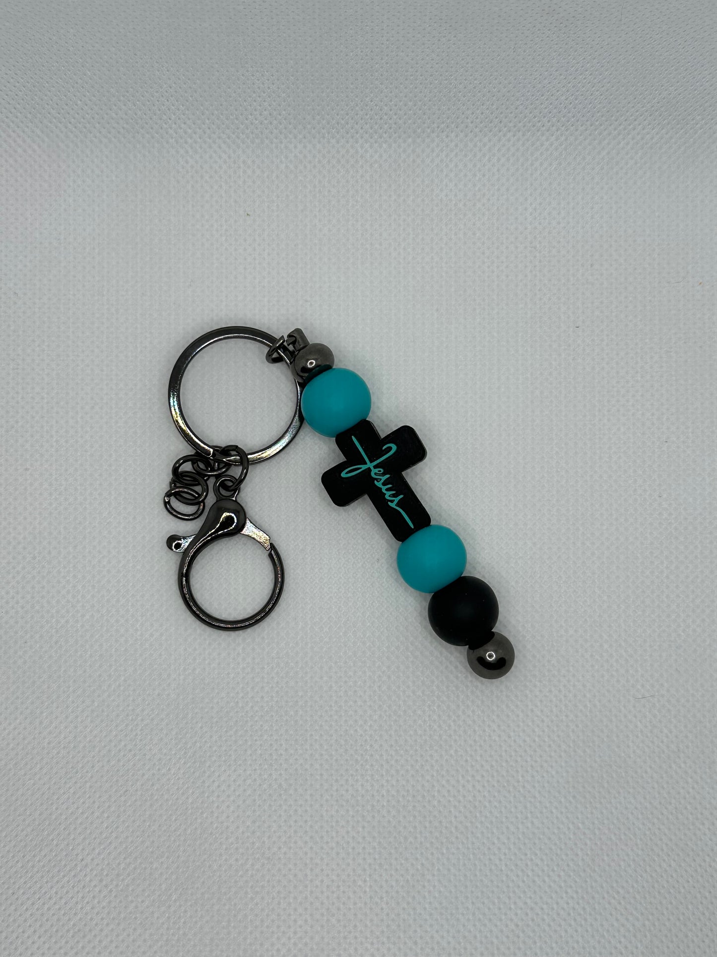 Black And Teal Jesus Cross Gunmetal Metal Keychain