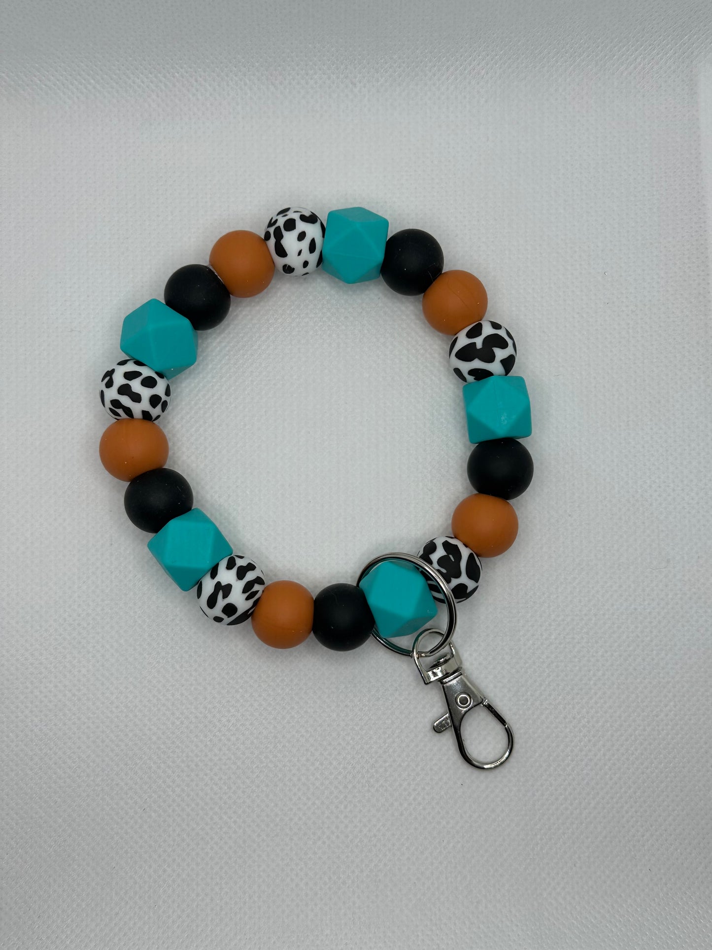 Rustic Burnt Orange And Cow Print With Hexagon Beads Oversized Silicone Bead Wristlet