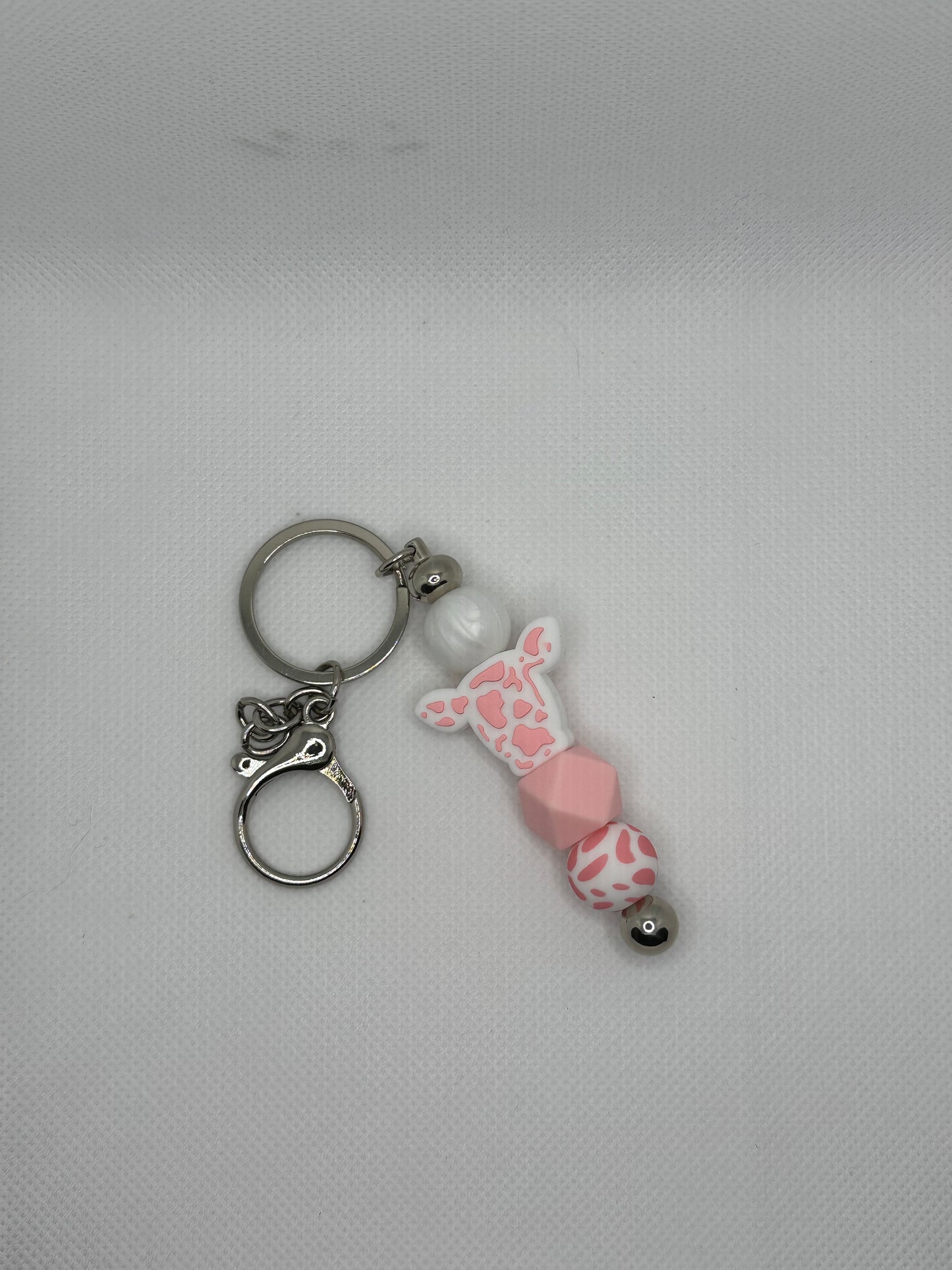 Pink Cow Head Silver Metal Keychain