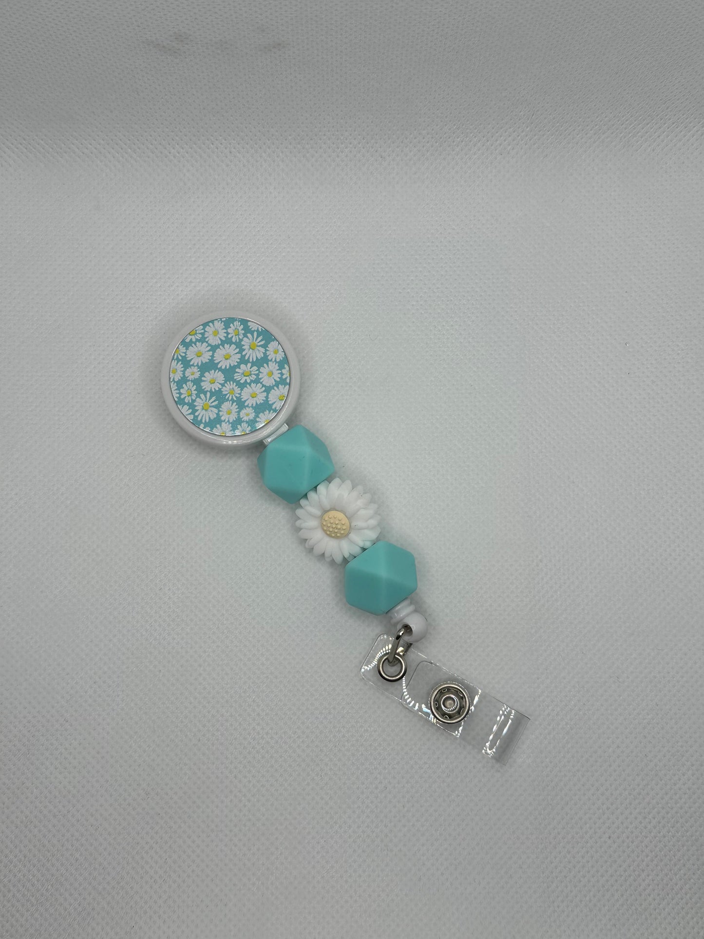 Blue Daisy White Badge Reel