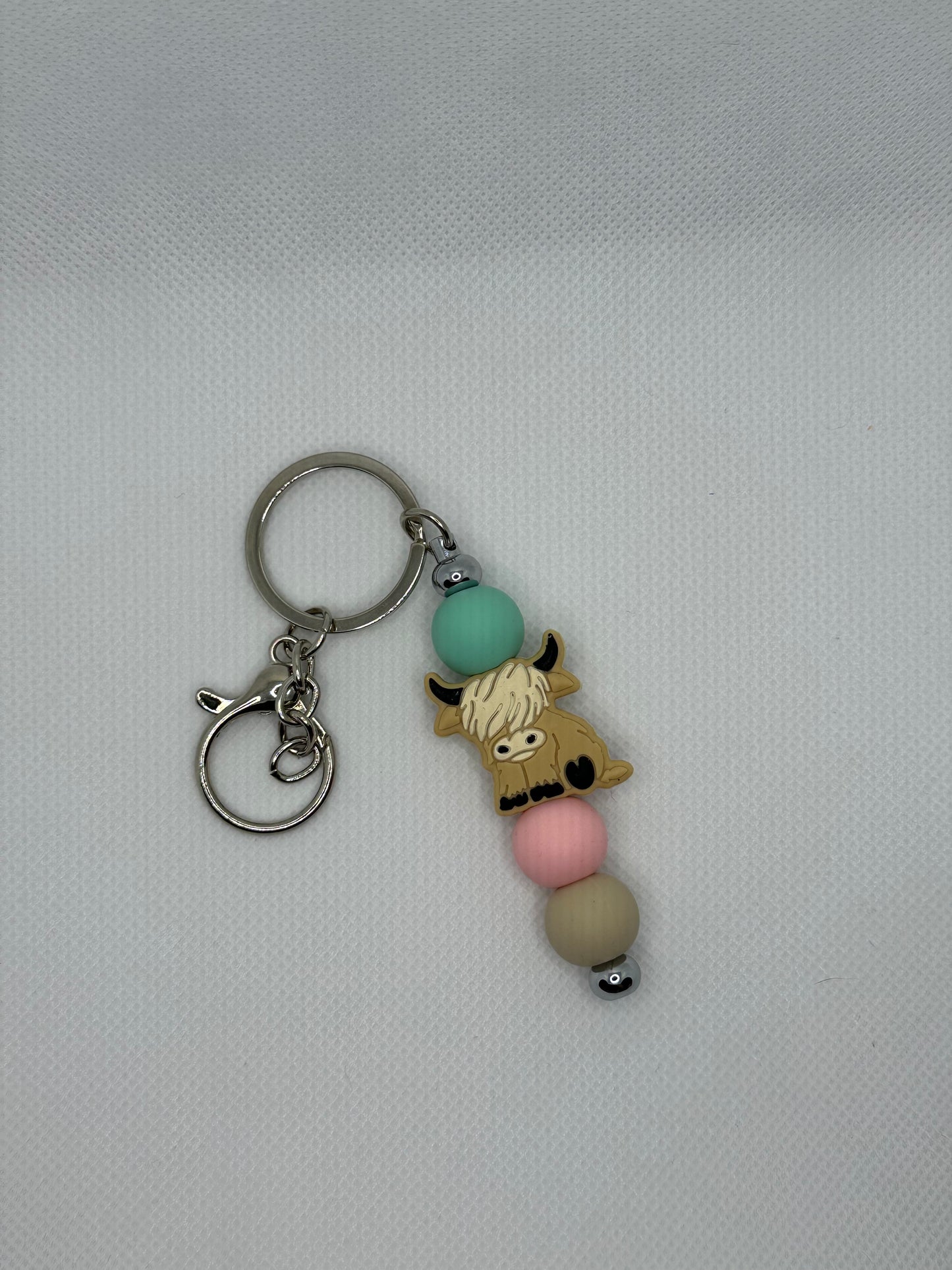 Tan Highland Cow Pastels Silicone Bead Silver Metal Keychain