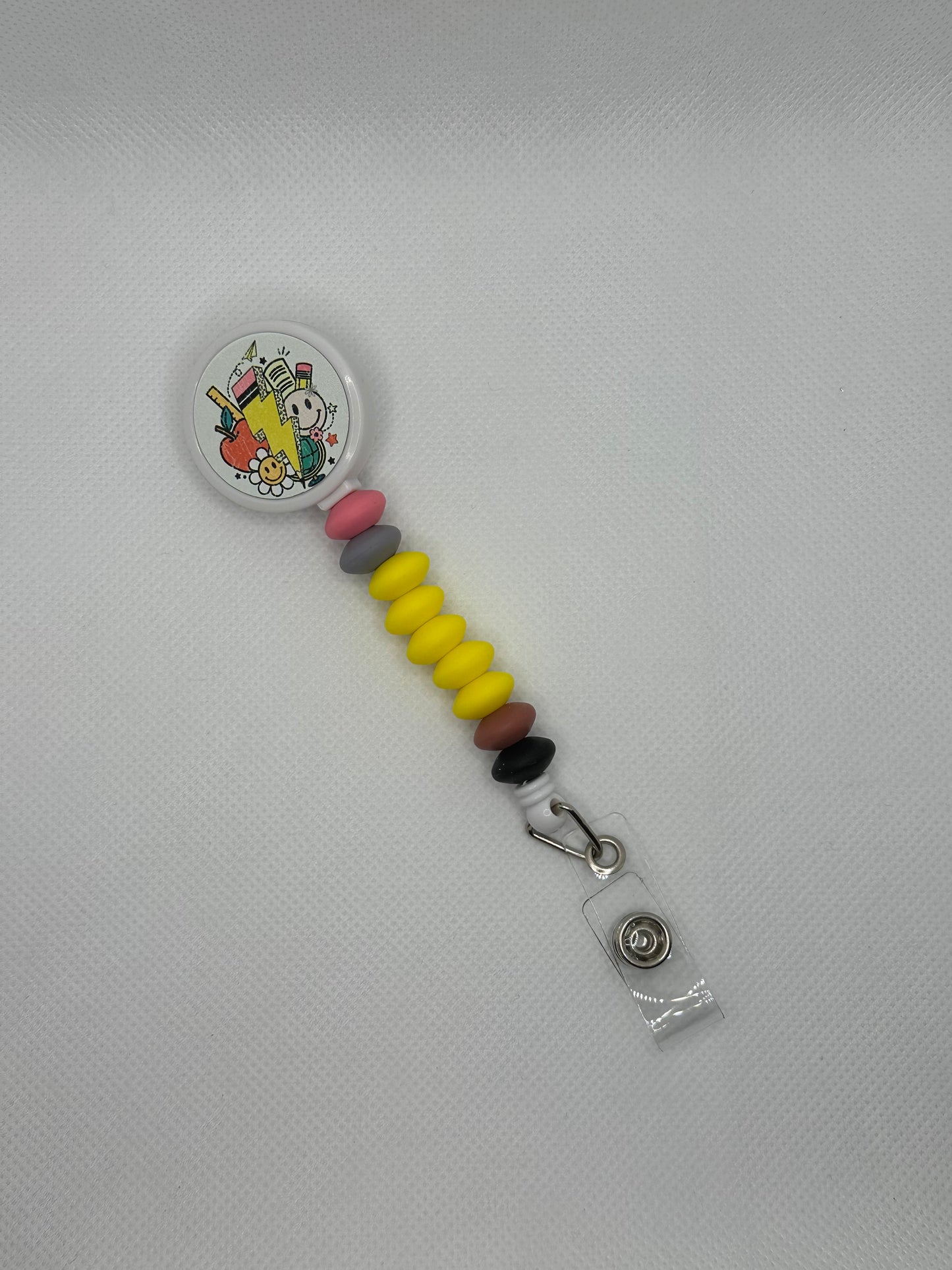 Retro Teacher Pencil White Badge Reel