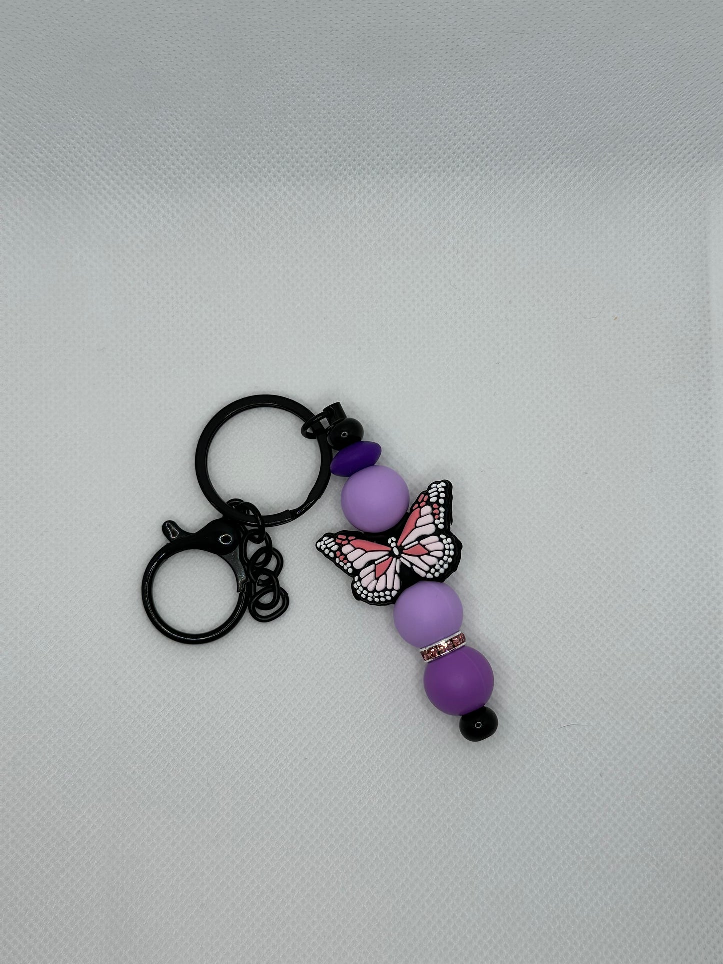 Butterfly And Purple Ombre Silicone Bead Black Metal Keychain