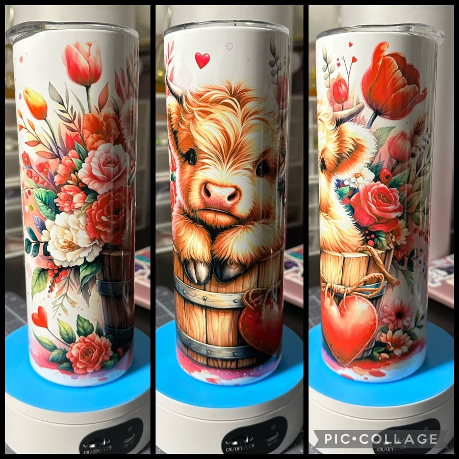 Highland Cow And Hearts Valentine’s Day Glossy Sublimation Tumbler