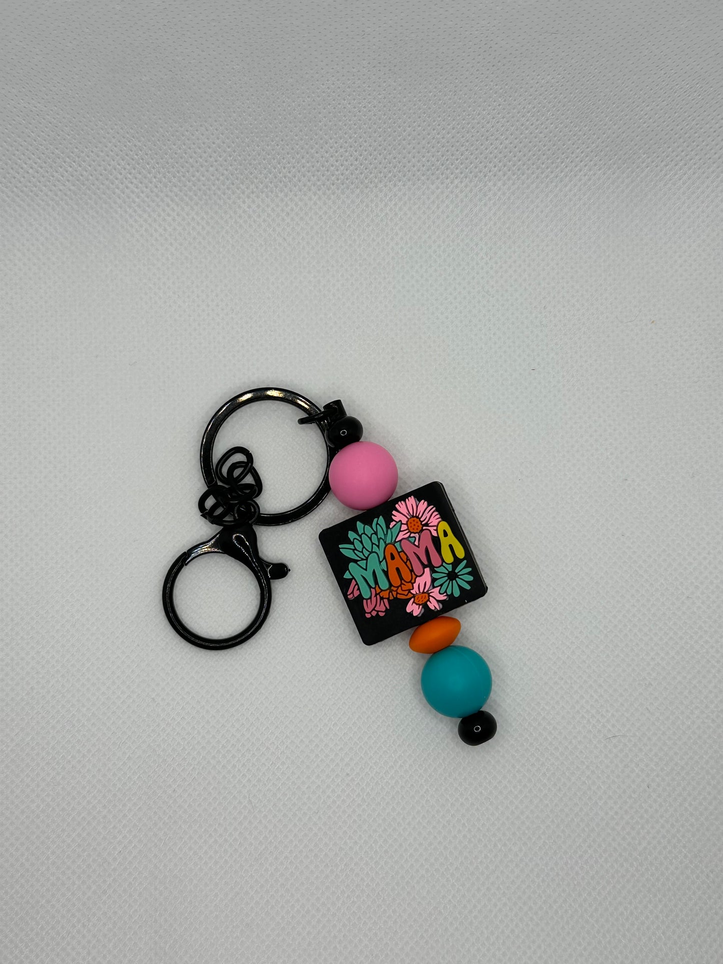 Bright Floral Mama Silicone Beaded Black Metal Keychain