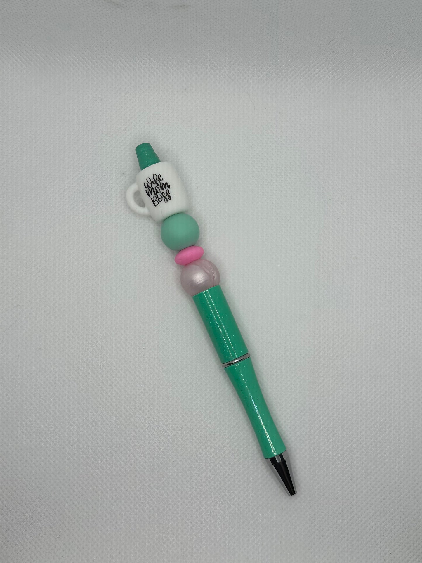 Wife Mom Boss Coffee Mug Teal Glitter Silicone Beaded Pen