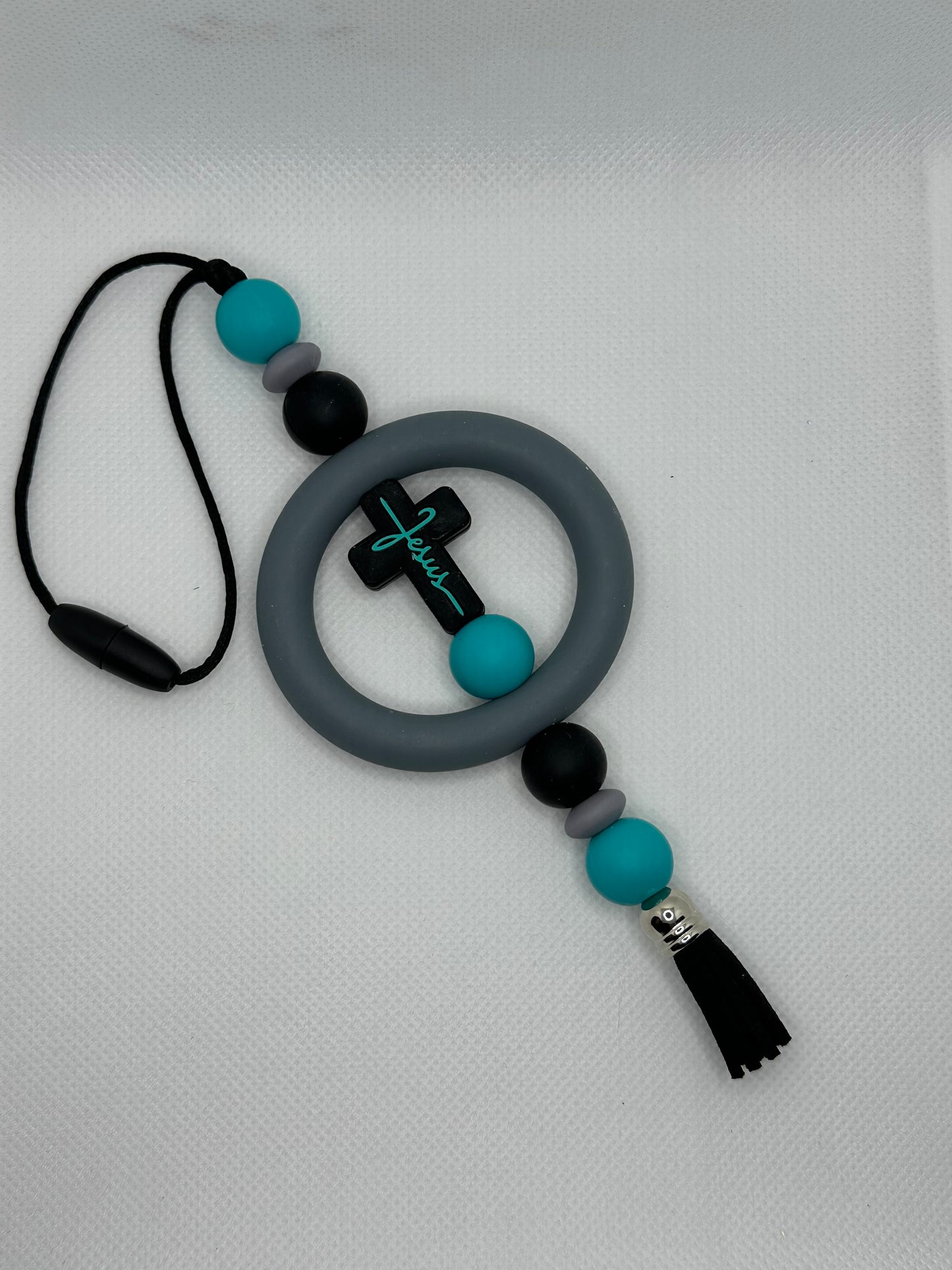 Black And Teal Cross Jesus Silicone Beaded Car Charm