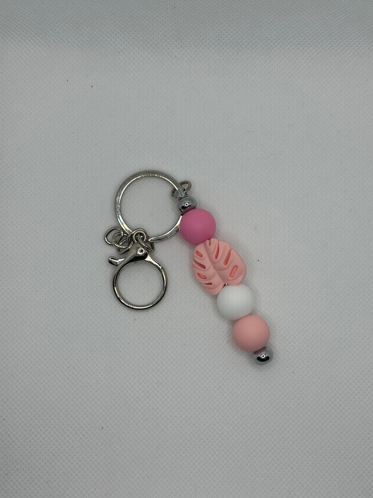 Pink Monstera Silver Metal Keychain