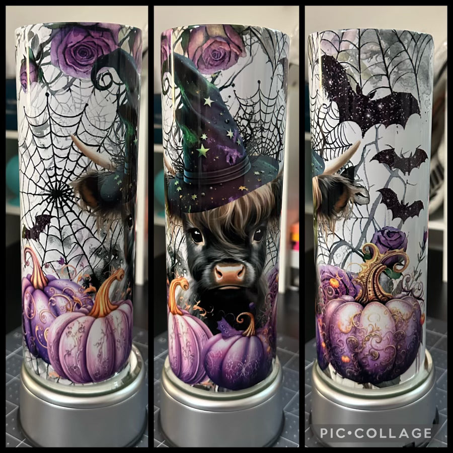 Halloween Highland Cow With Witches Hat And Spider Web Purple 20oz Sublimation Tumbler