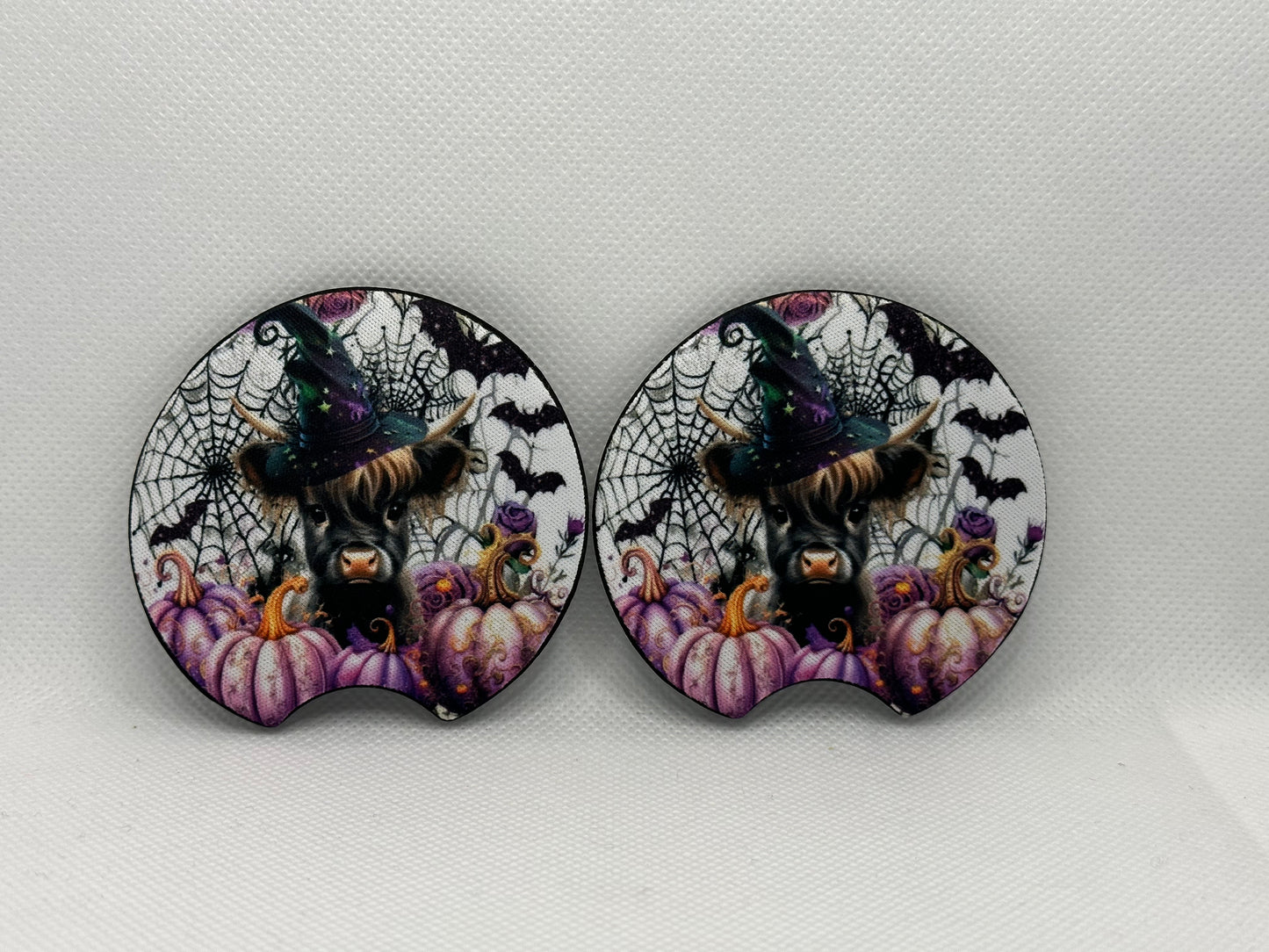 Spooky Highland Cow And Purple Pumpkins Car Coasters