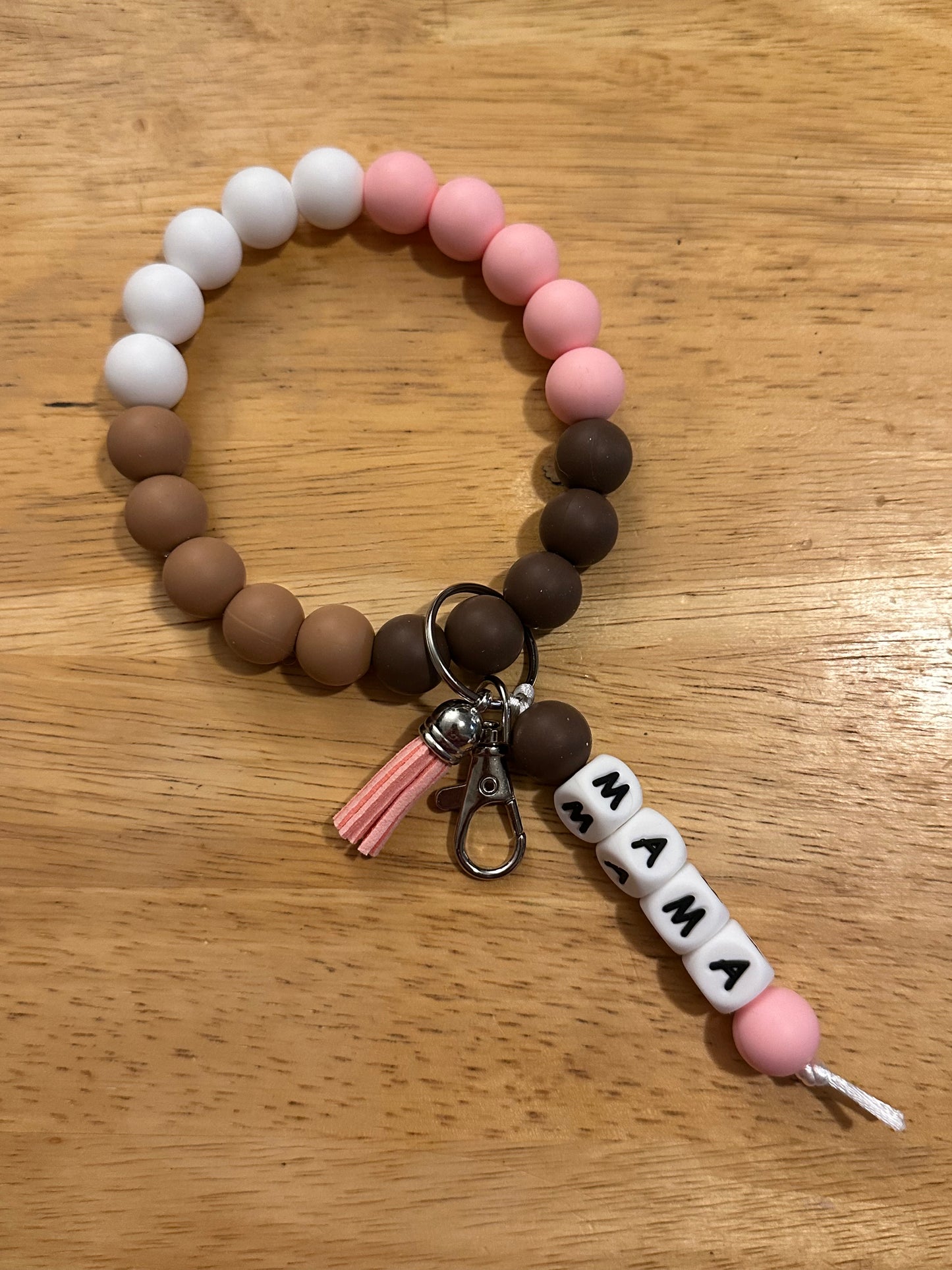Mama Pink And Browns Oversized Silicone Bead Wristlet And Keychain