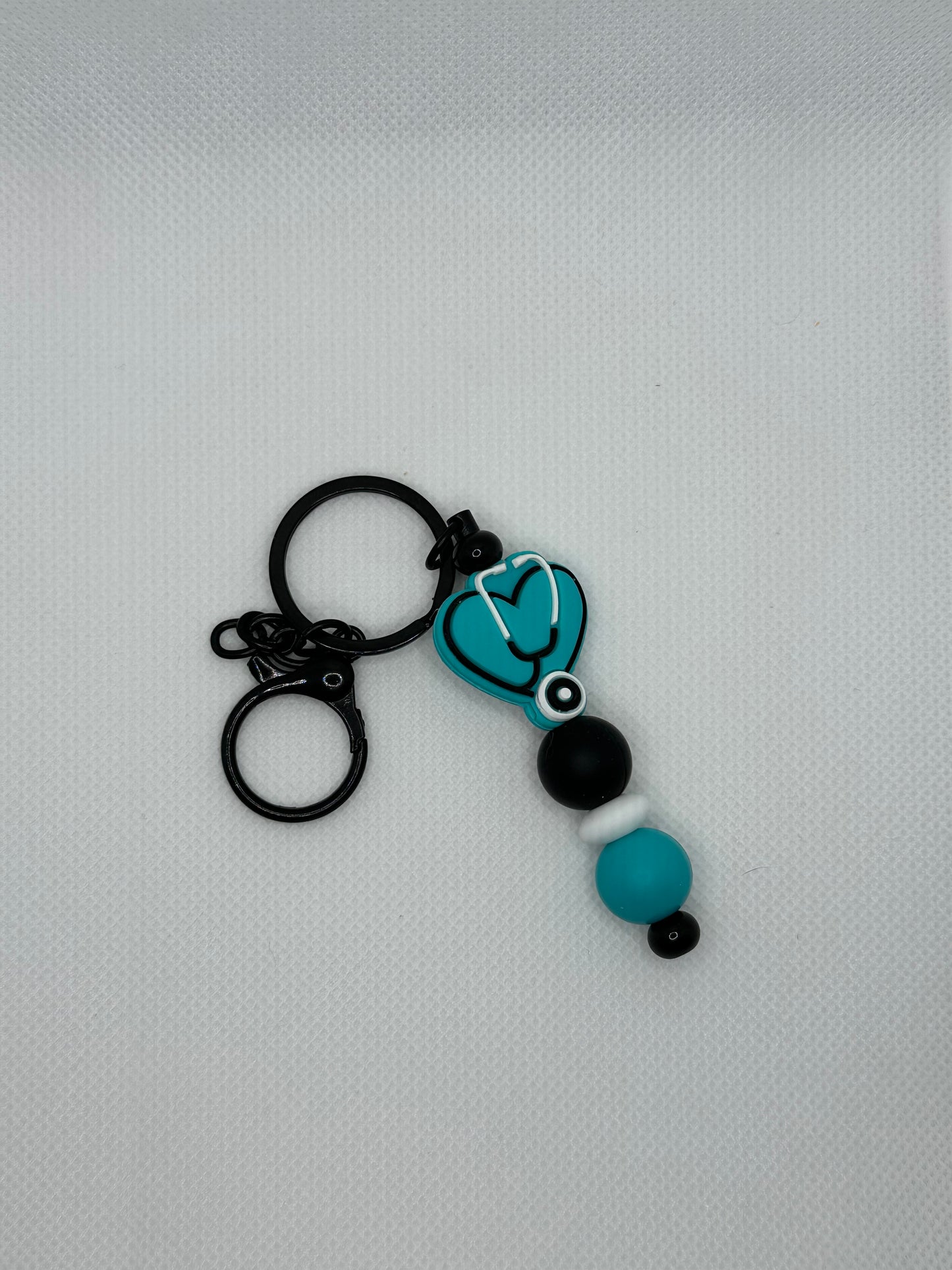Teal Heart Stethoscope Nurse Silicone Bead Black Metal Keychain