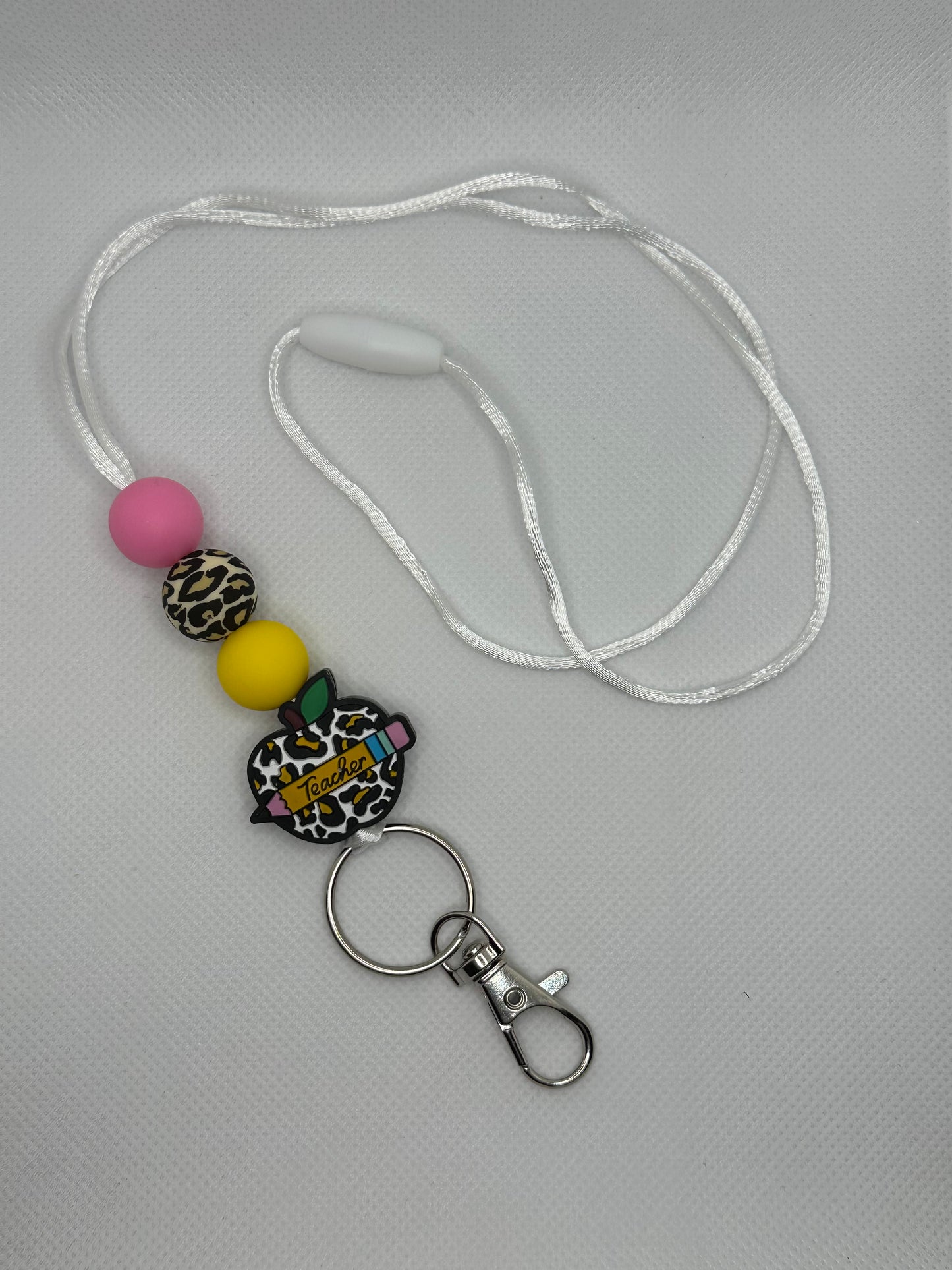 Leopard Teacher Apple And Pencil White Breakaway Lanyard
