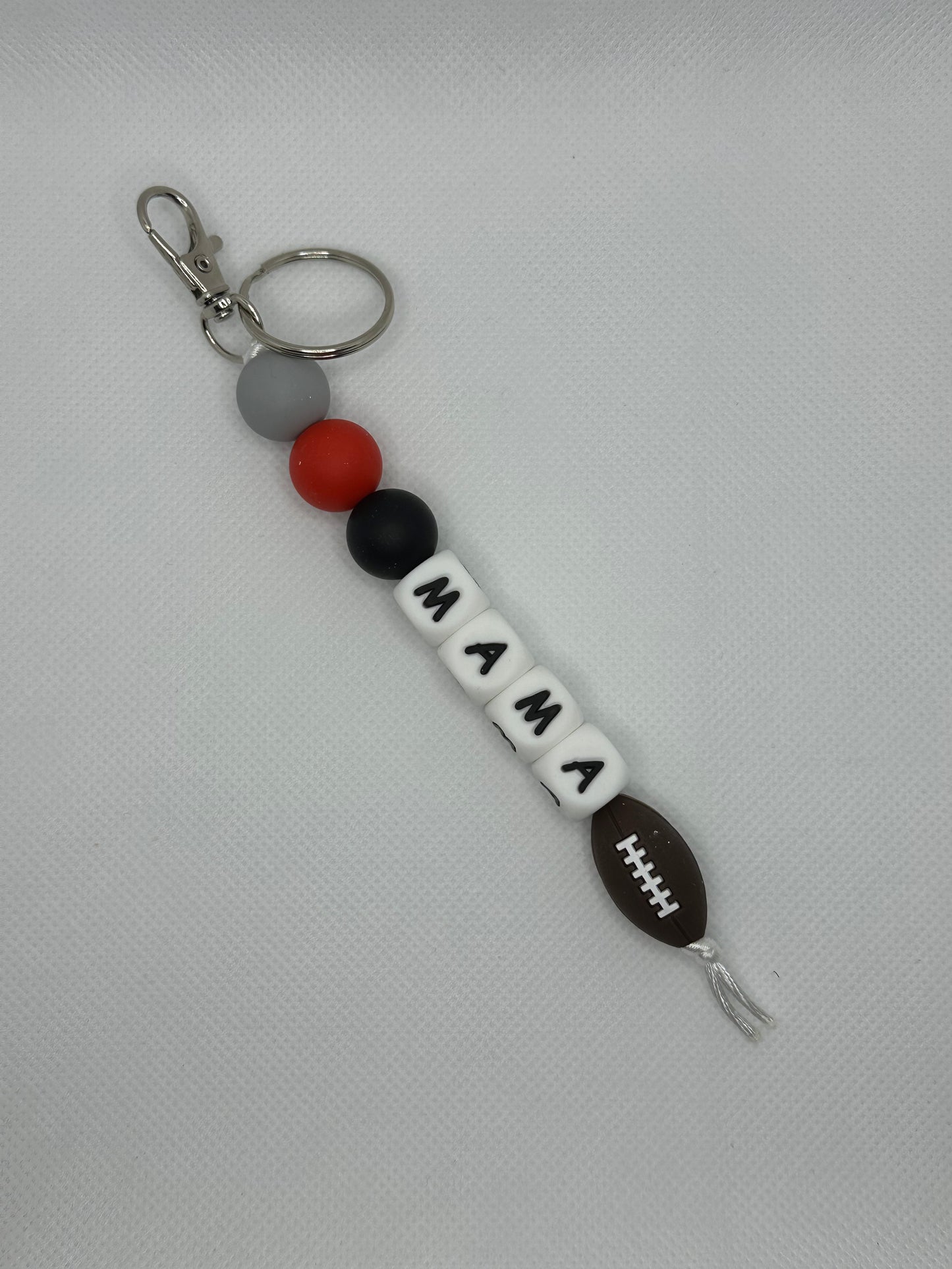 Football Mama Red Grey And Black Large Silicone Bead Keychain