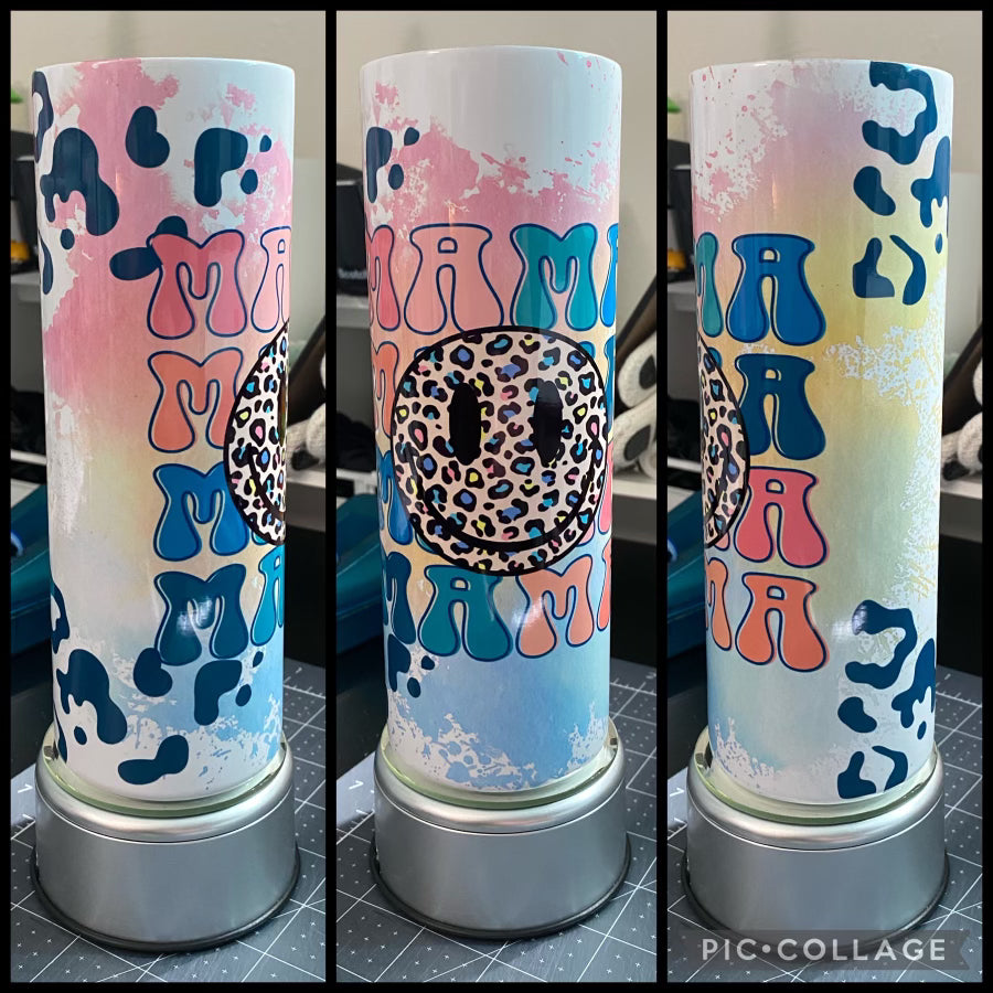 Mama Colorful Leopard Print Smiley Face 20oz Sublimation Tumbler