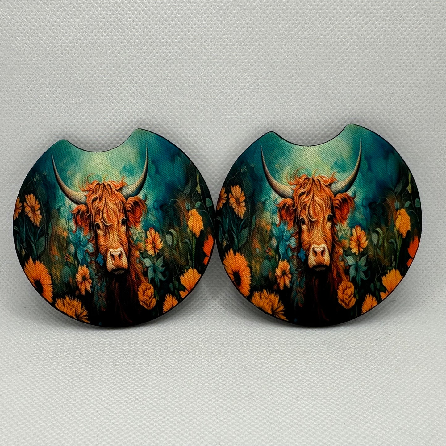 Highland Cow And Sunflowers Farm Rustic Car Coasters