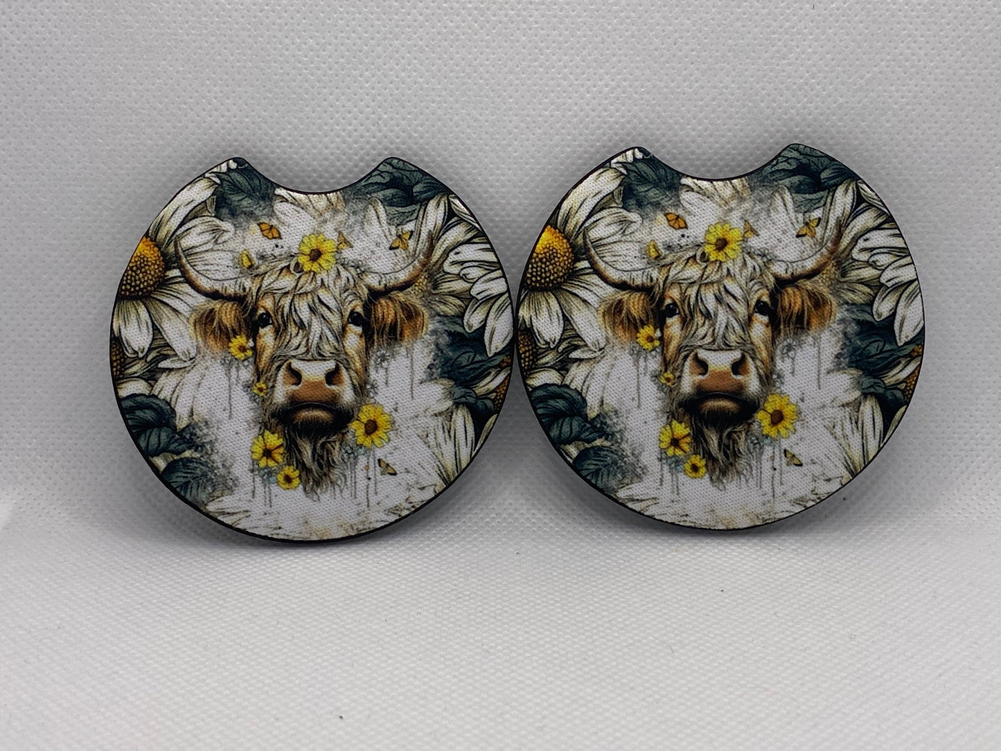 Highland Cow And Daisies Farm Rustic Car Coasters