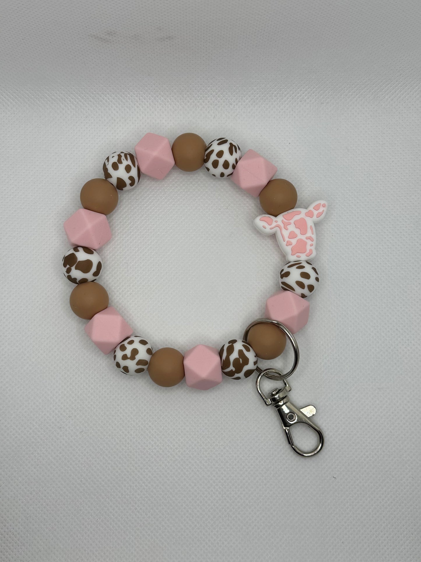 Pink And Brown Cow Head Hexagon Beads Oversized Silicone Bead Wristlet