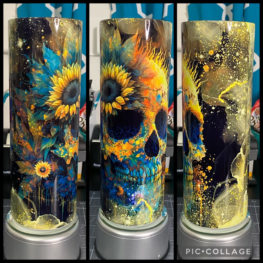 Skull And Sunflowers Alcohol Ink 20oz Sublimation Tumbler