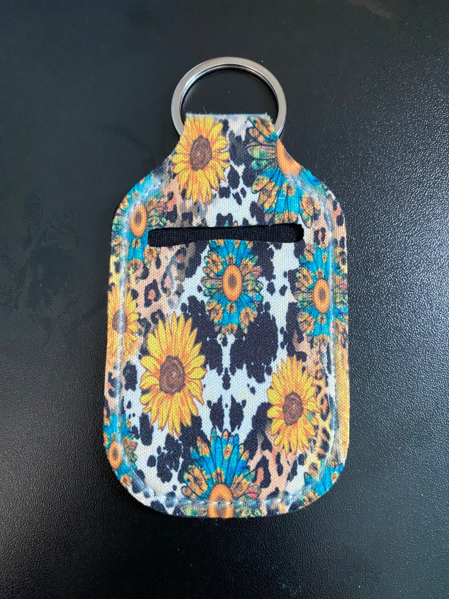 Sunflowers Cow Print And Leopard Hand Sanitizer Holder Keychain