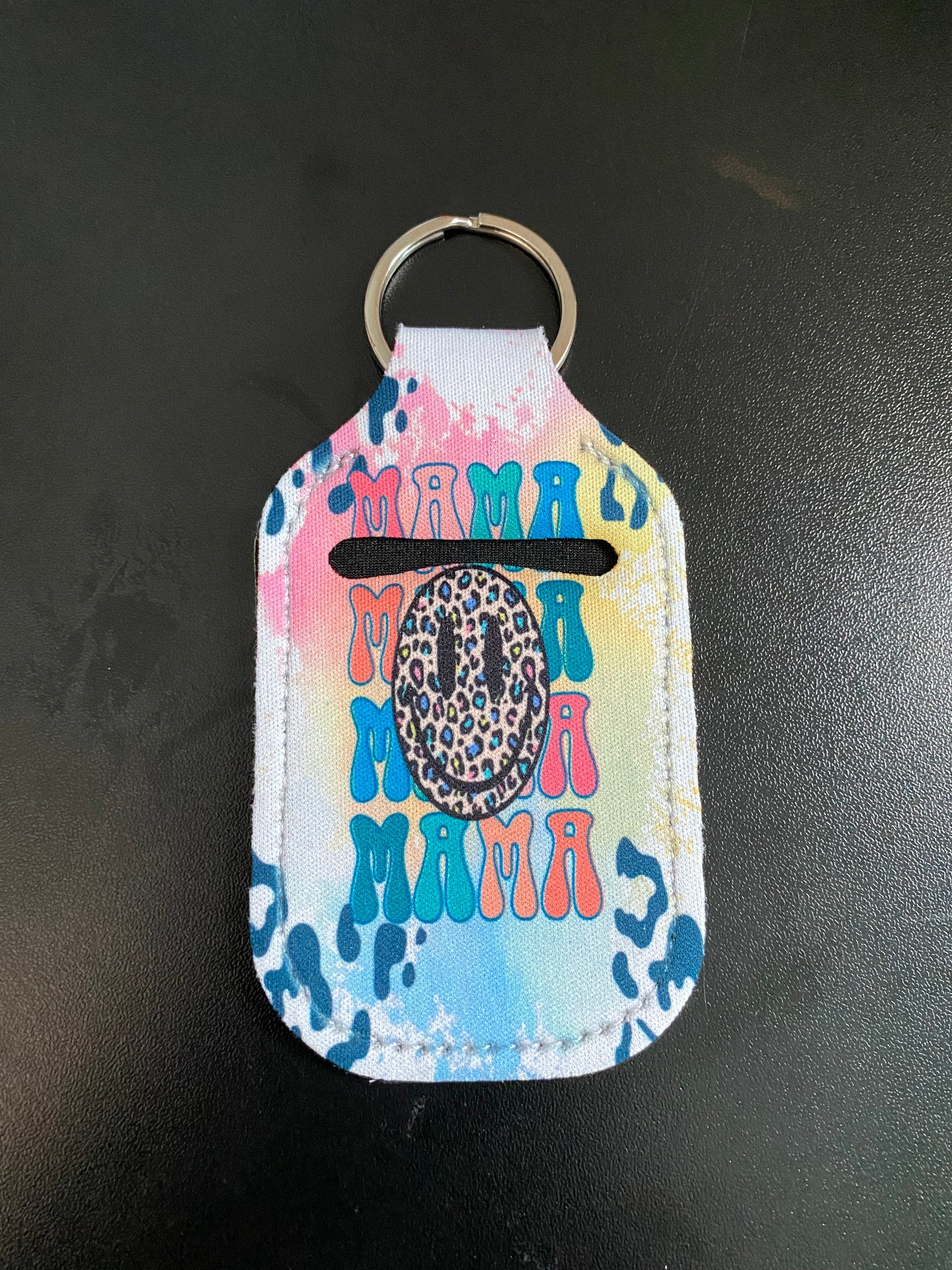 Mama Leopard Print Smiley Face Hand Sanitizer Holder Keychain
