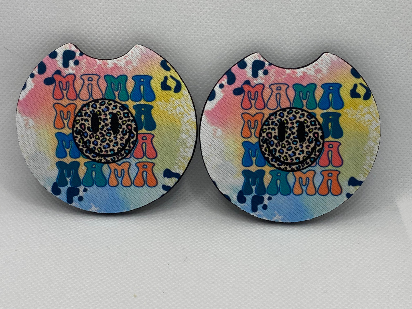 Mama Leopard Print Smiley Face Colorful Car Coasters